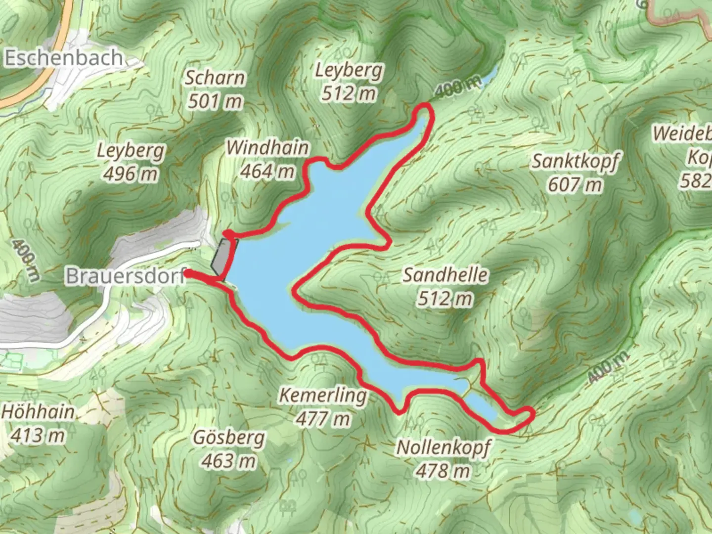 An image depicting the trail Obernautalsperre Loop via Deuz Sohlbach and Obernautalsperre Rundweg and its surrounding area.