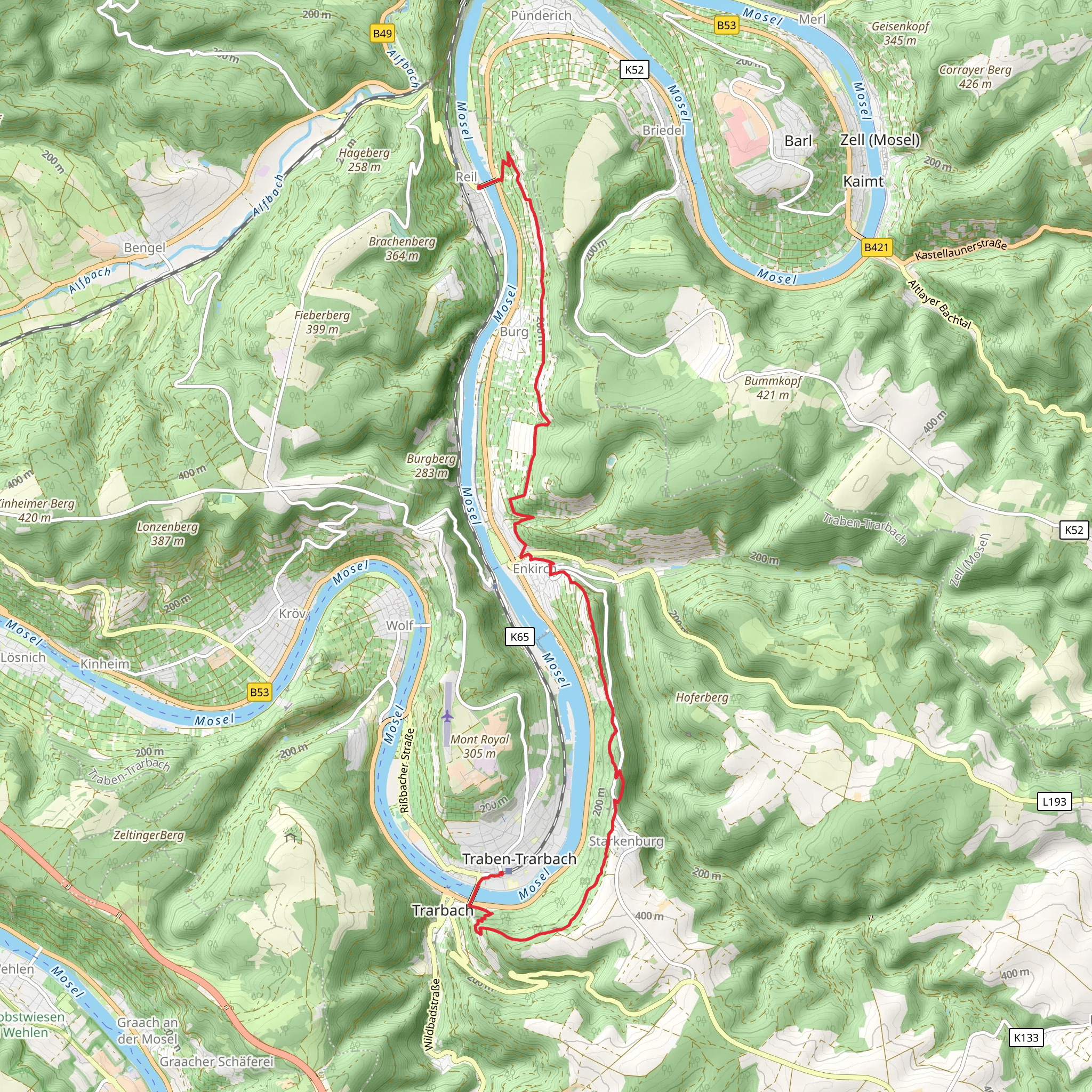 Traben, Trarbach to Reil via Mosel Camino mobile static map