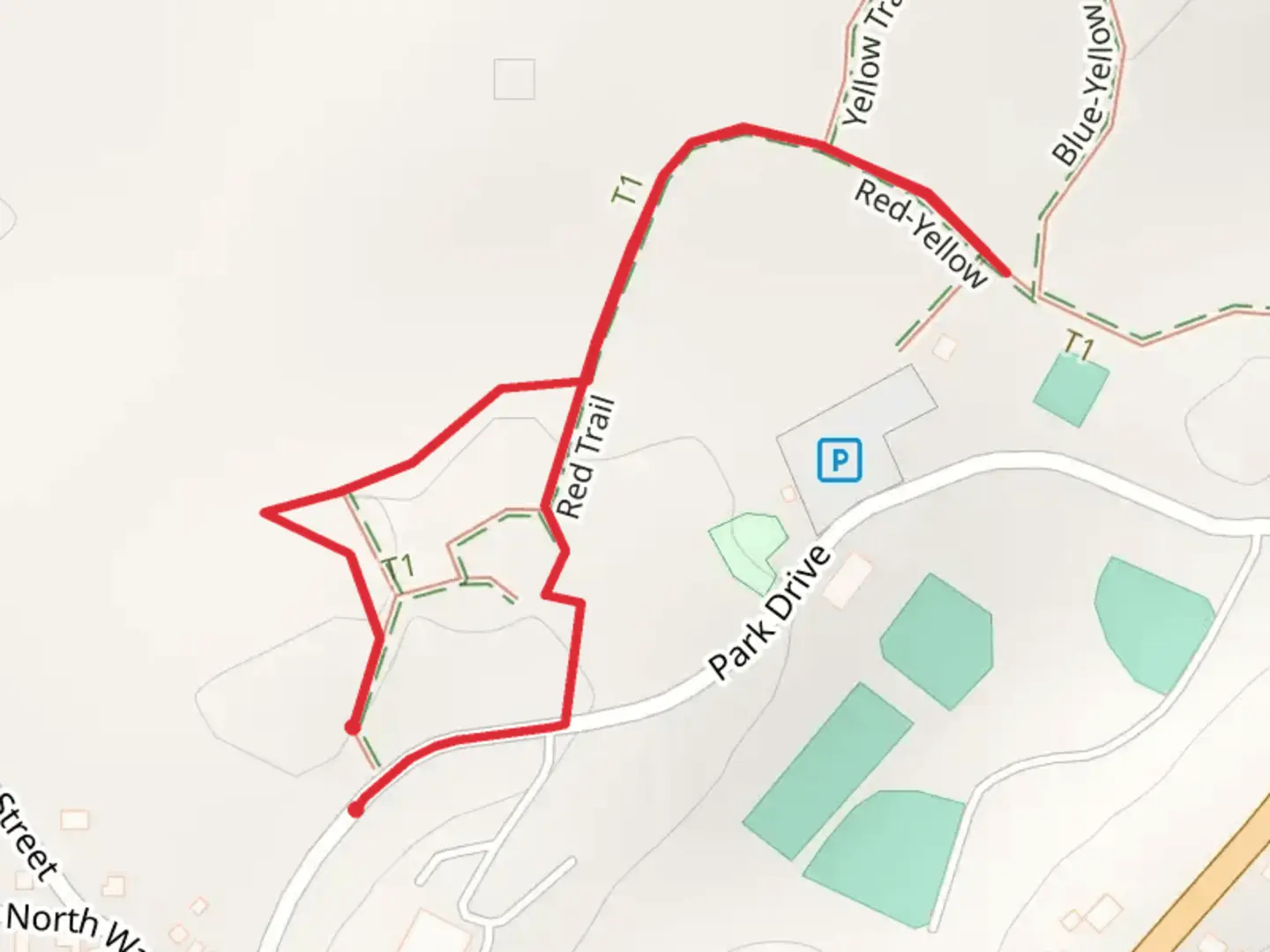 An image depicting the trail Park Drive - Red - Yellow Trail and its surrounding area.