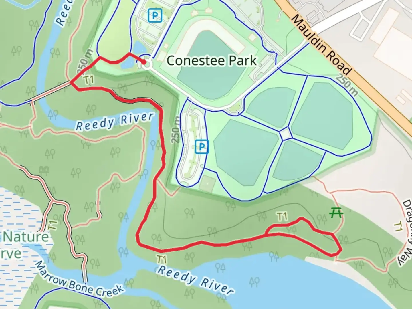 An image depicting the trail Chickadee Link and Racoon Run Loop and its surrounding area.