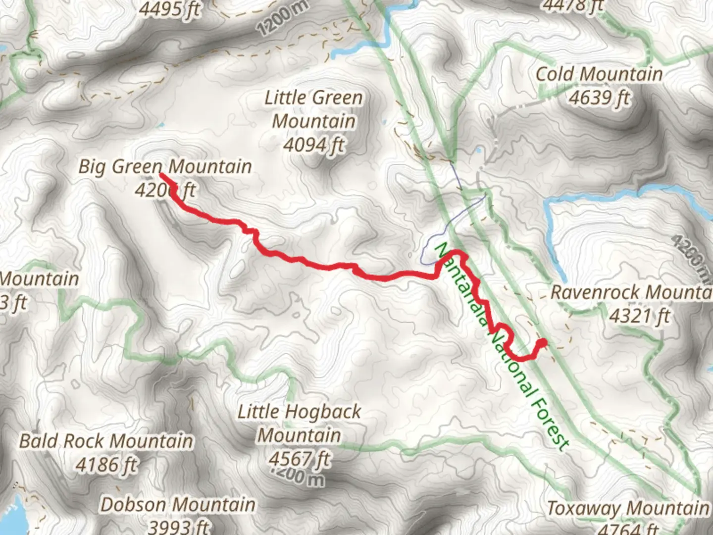 An image depicting the trail Big Green Trail via Mac's Gap Trail and its surrounding area.