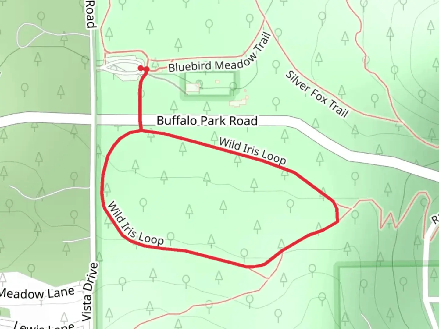 An image depicting the trail Wild Iris Loop and its surrounding area.