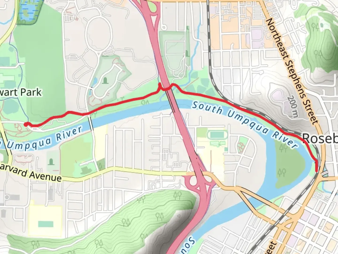 An image depicting the trail South Umpqua Walk along from Stewart Park and its surrounding area.