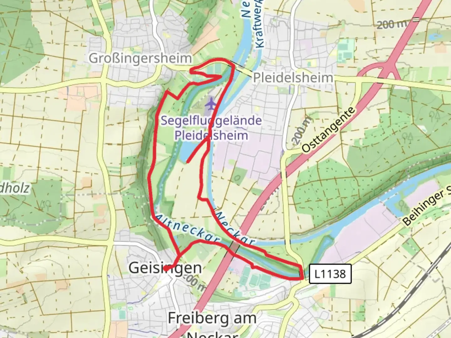 An image depicting the trail Altneckar Pleidelsheimer and Wiesental Loop and its surrounding area.