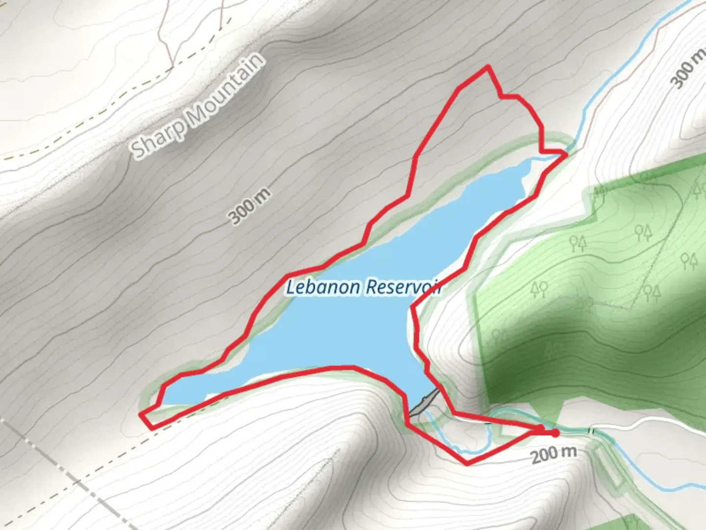 An image depicting the trail Lebanon Reservoir Loop and its surrounding area.