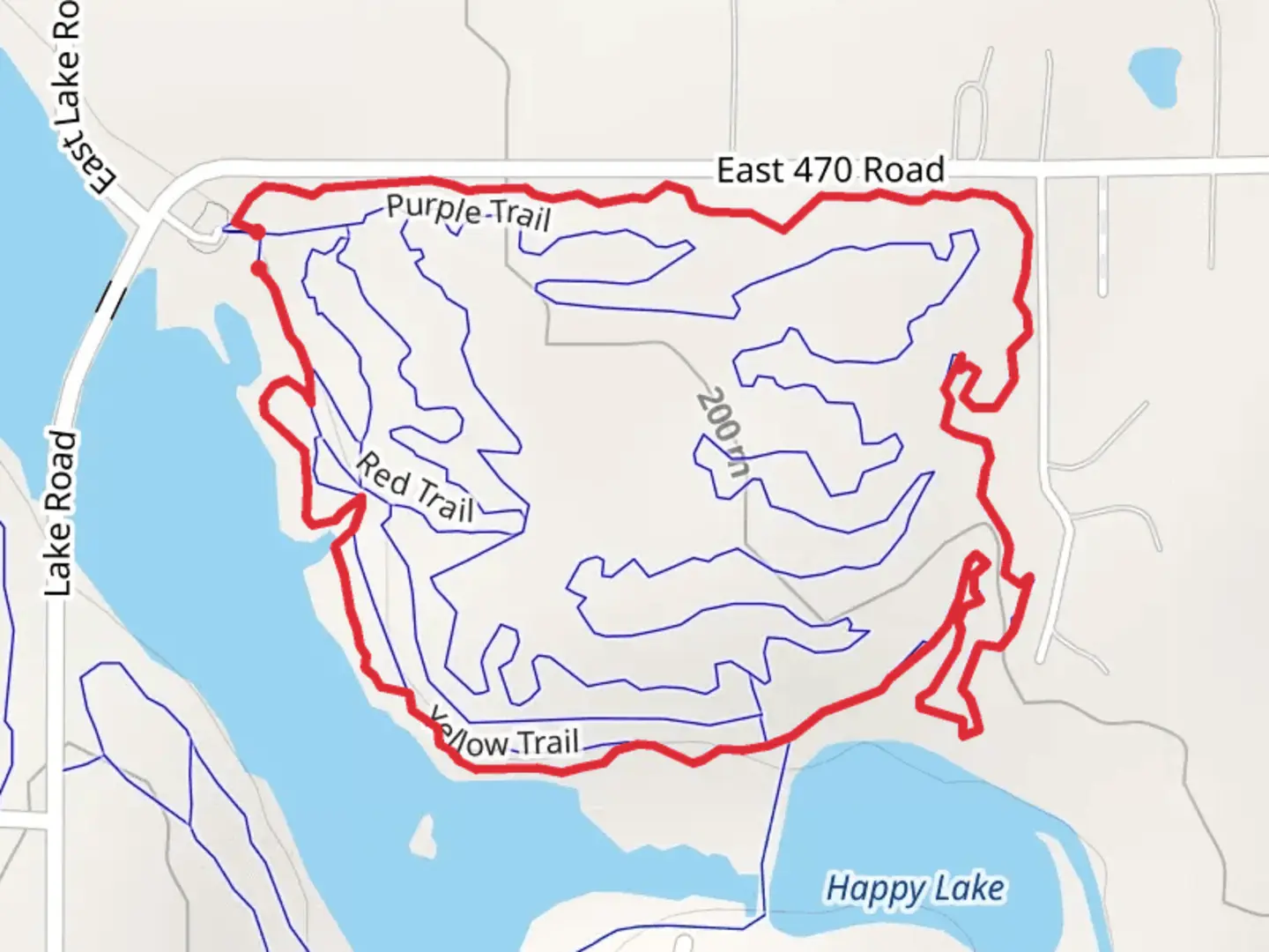 An image depicting the trail Happy Lake via Red Trail and Purple Trail Loop and its surrounding area.