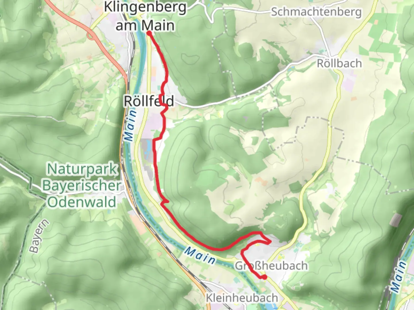 An image depicting the trail Klingenberg am Main to Großheubach via Fraenkischer Rotwein Wanderweg and its surrounding area.