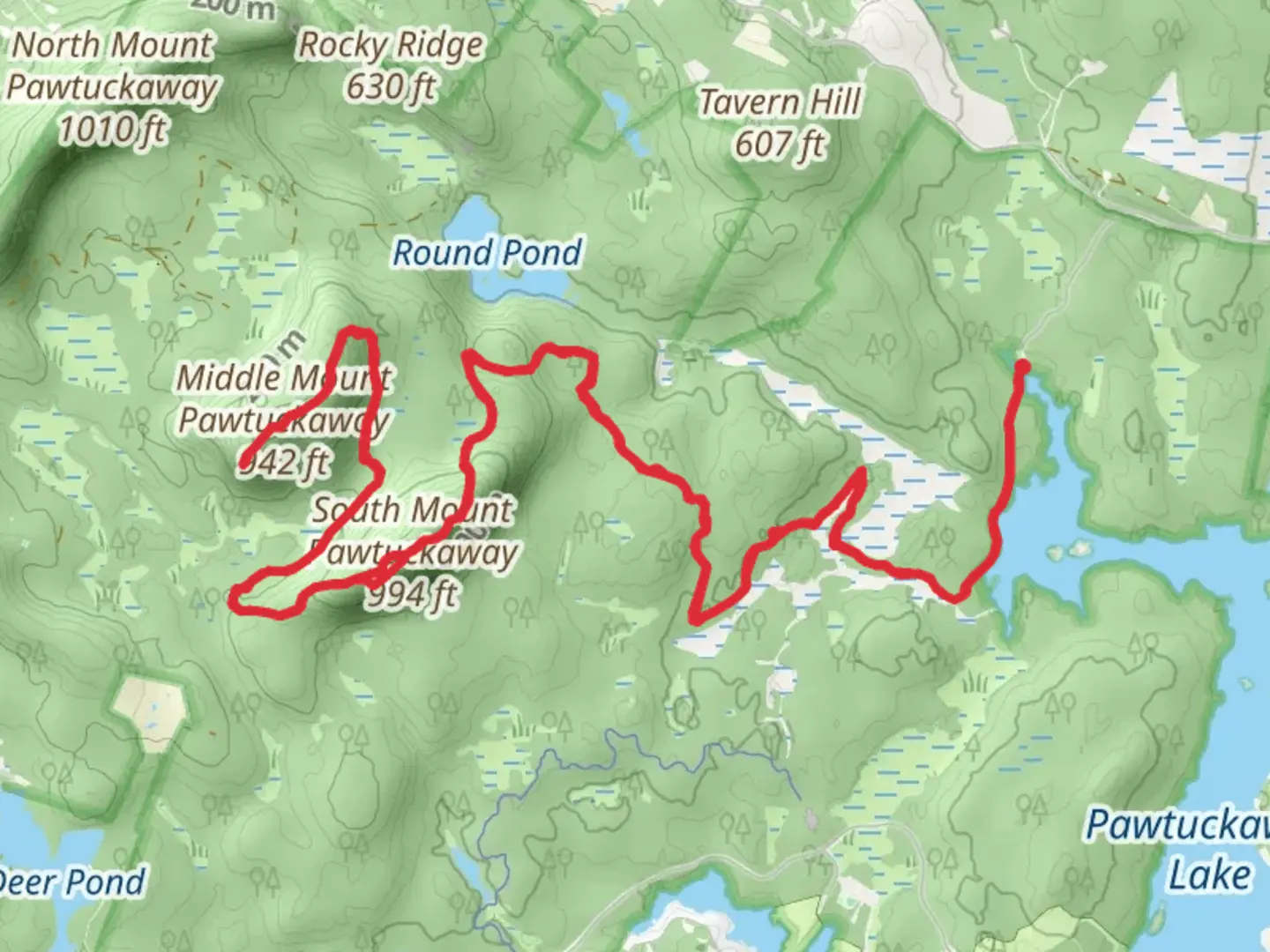 An image depicting the trail South and Middle Mount Pawtuckaway Trail and its surrounding area.