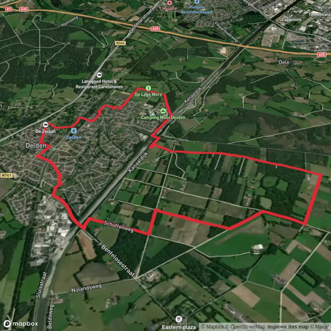 An image depicting the trail Twente Kanaal via Overijssels Havezatenpad and Delden Blauwe Route and its surrounding area.