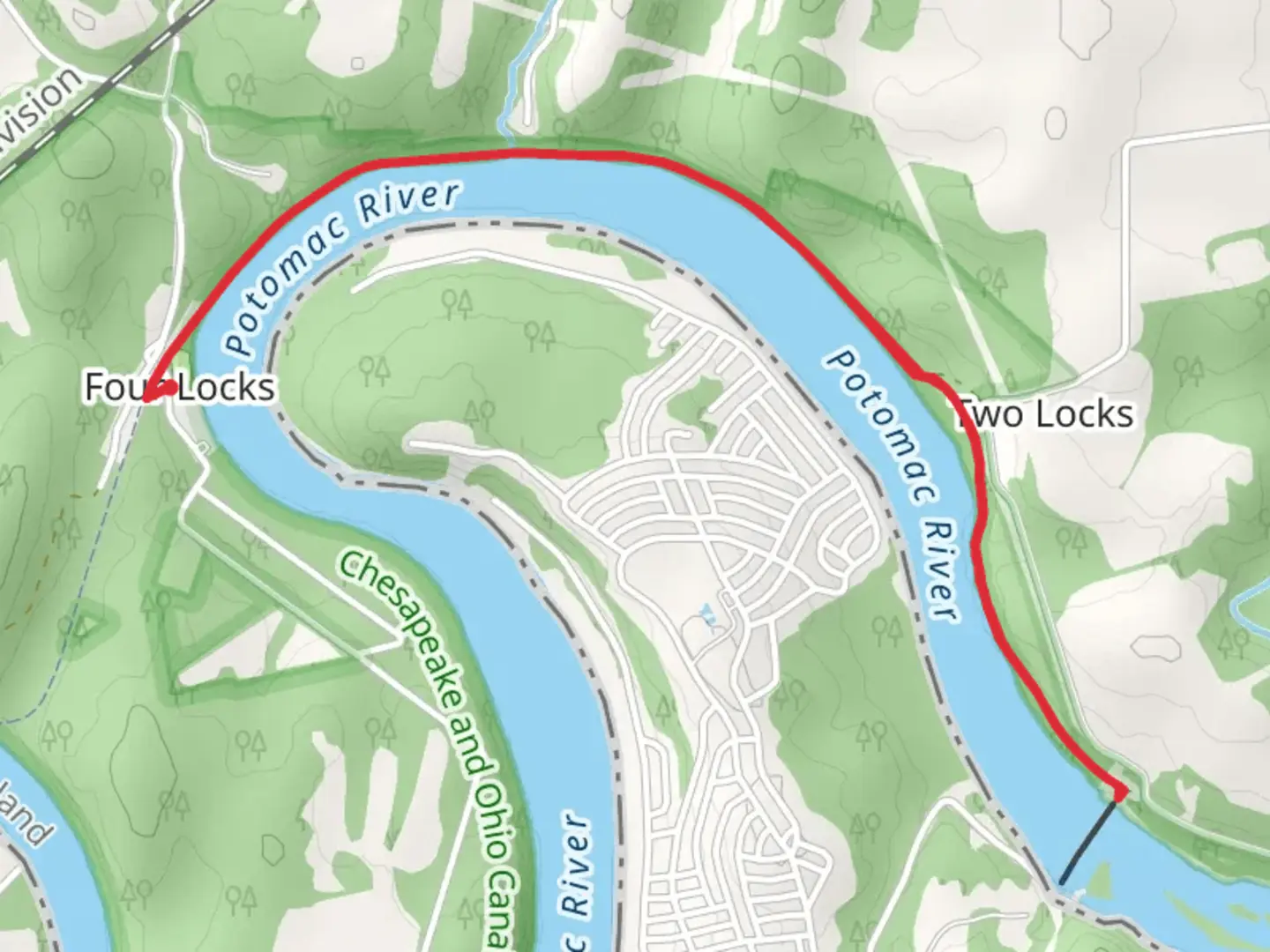 An image depicting the trail Chesapeake and Ohio Canal Trail from Four Locks and its surrounding area.
