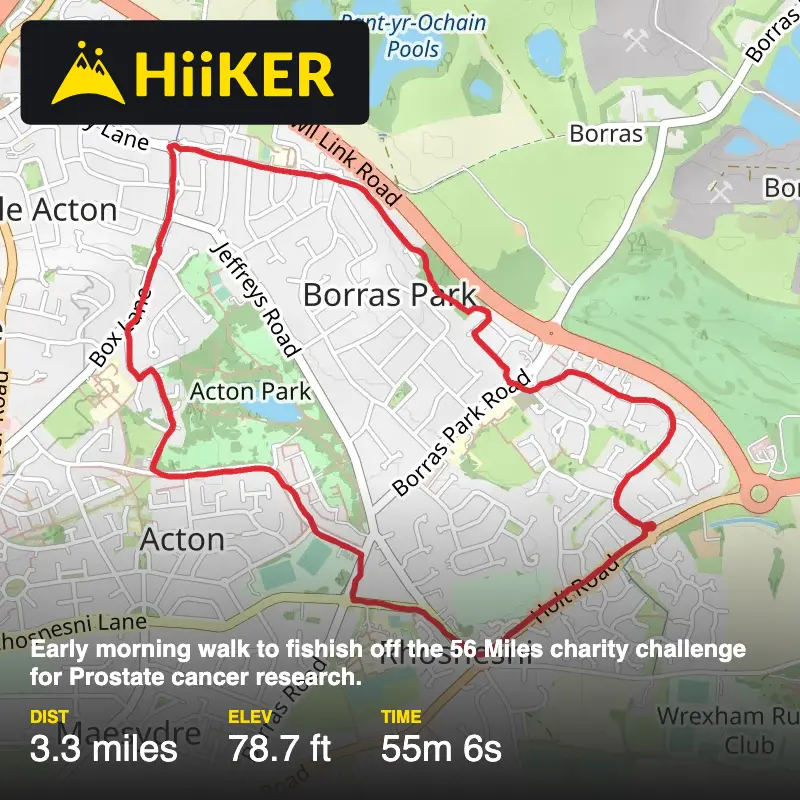A map preview of the recording Early morning walk to fishish off the 56 Miles  charity challenge for Prostate cancer research. .