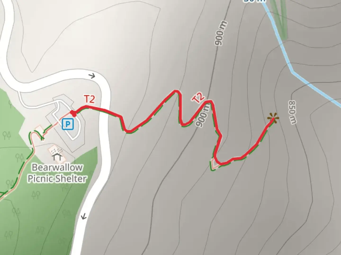An image depicting the trail Bearwallow Falls Trail and its surrounding area.