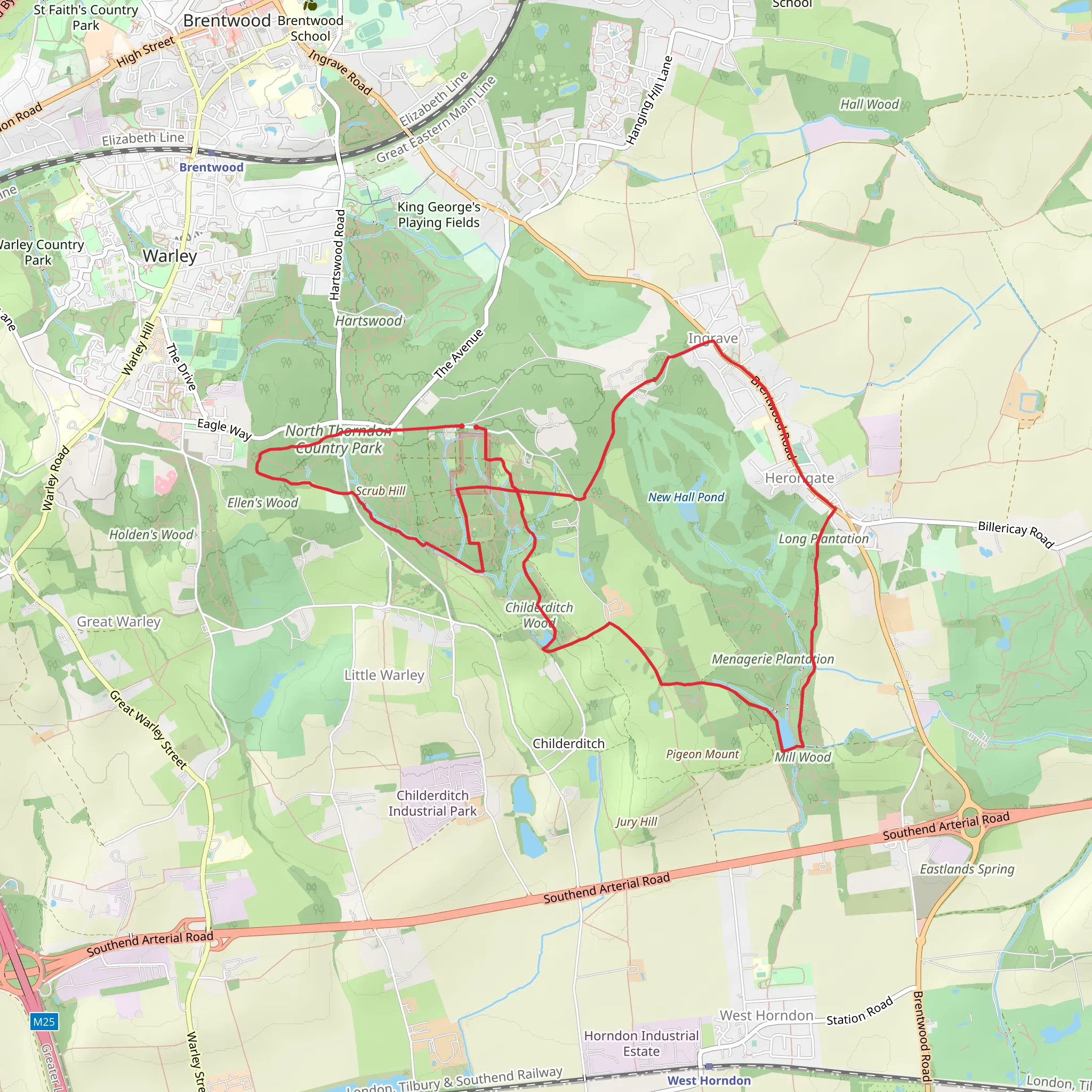 Childerditch Wood, Old Hall Pond and Long Plantation Loop mobile static map