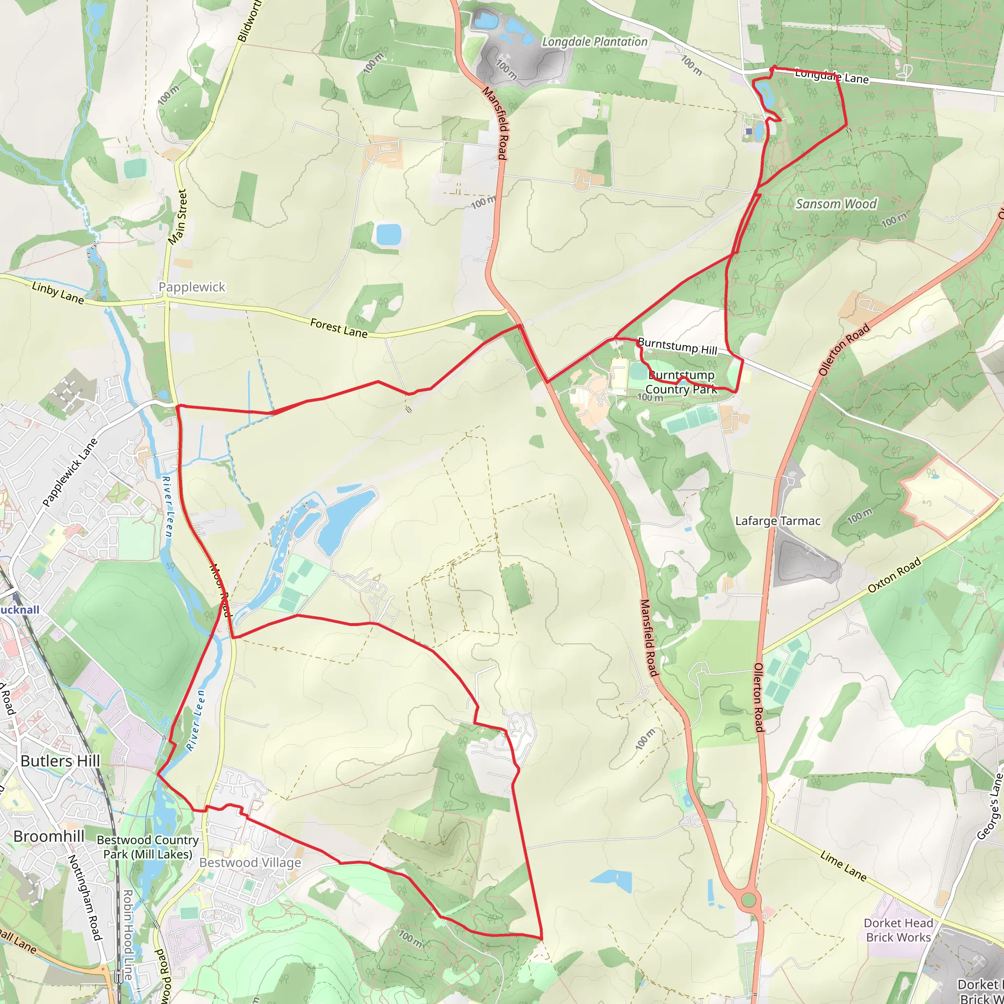 Burntstump Country Park, Seven Mile Wood and Warrenhill Plantation via Robin Hood Way mobile static map