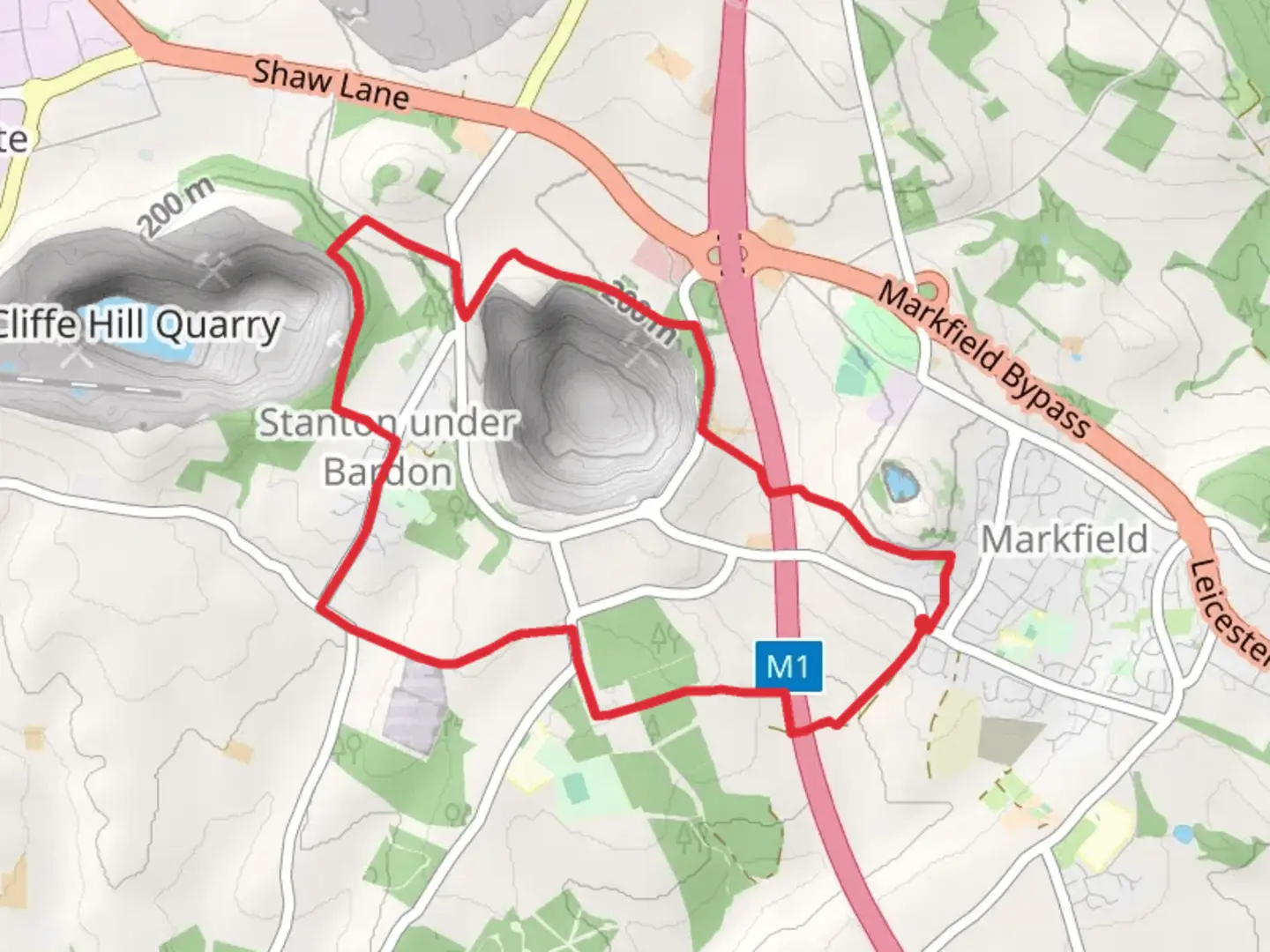 An image depicting the trail Stanton under Bardon Loop via Old Cliffe Hill Quarry and its surrounding area.