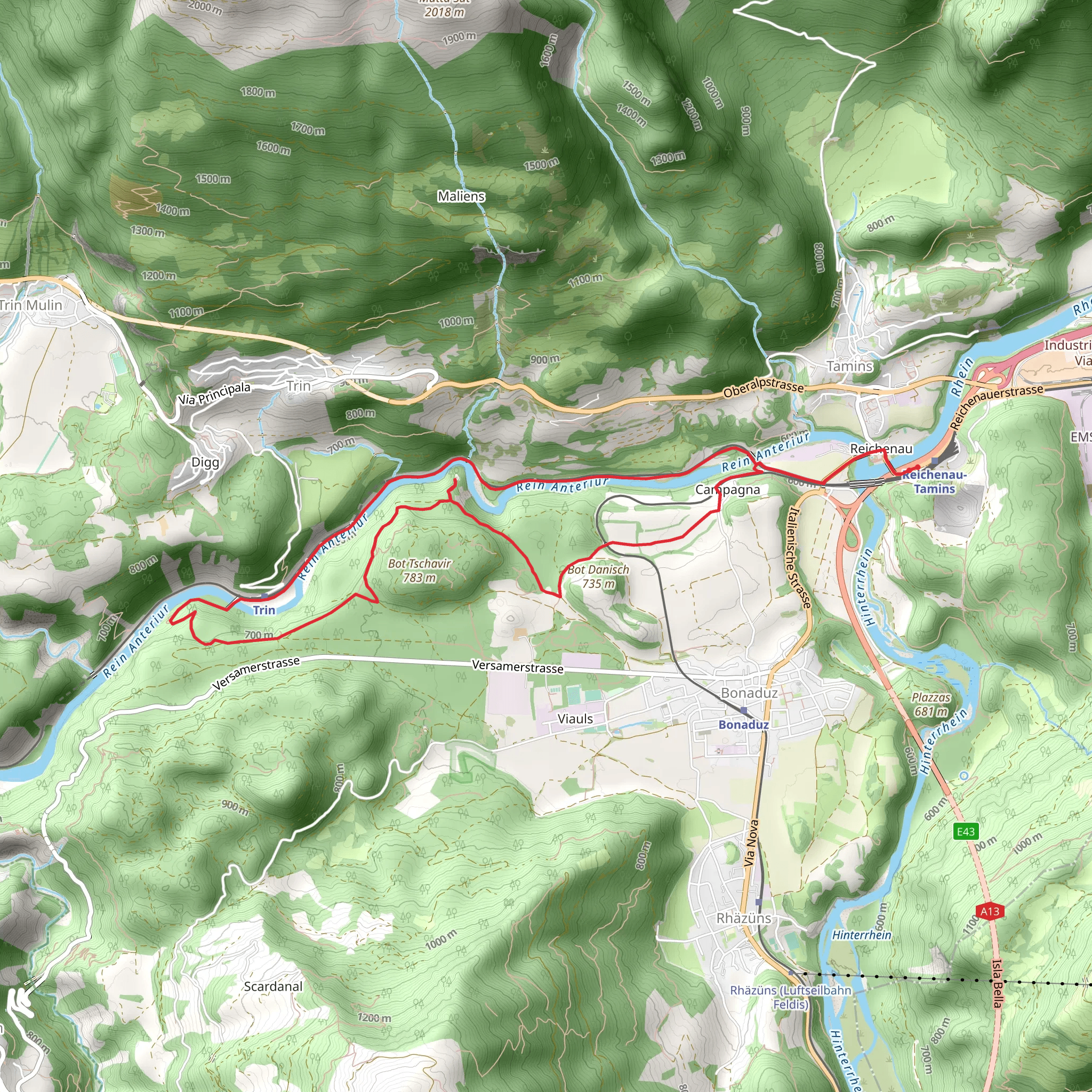 Bonaduz - Rhine Rivers to the Rhine Gorge Loop mobile static map