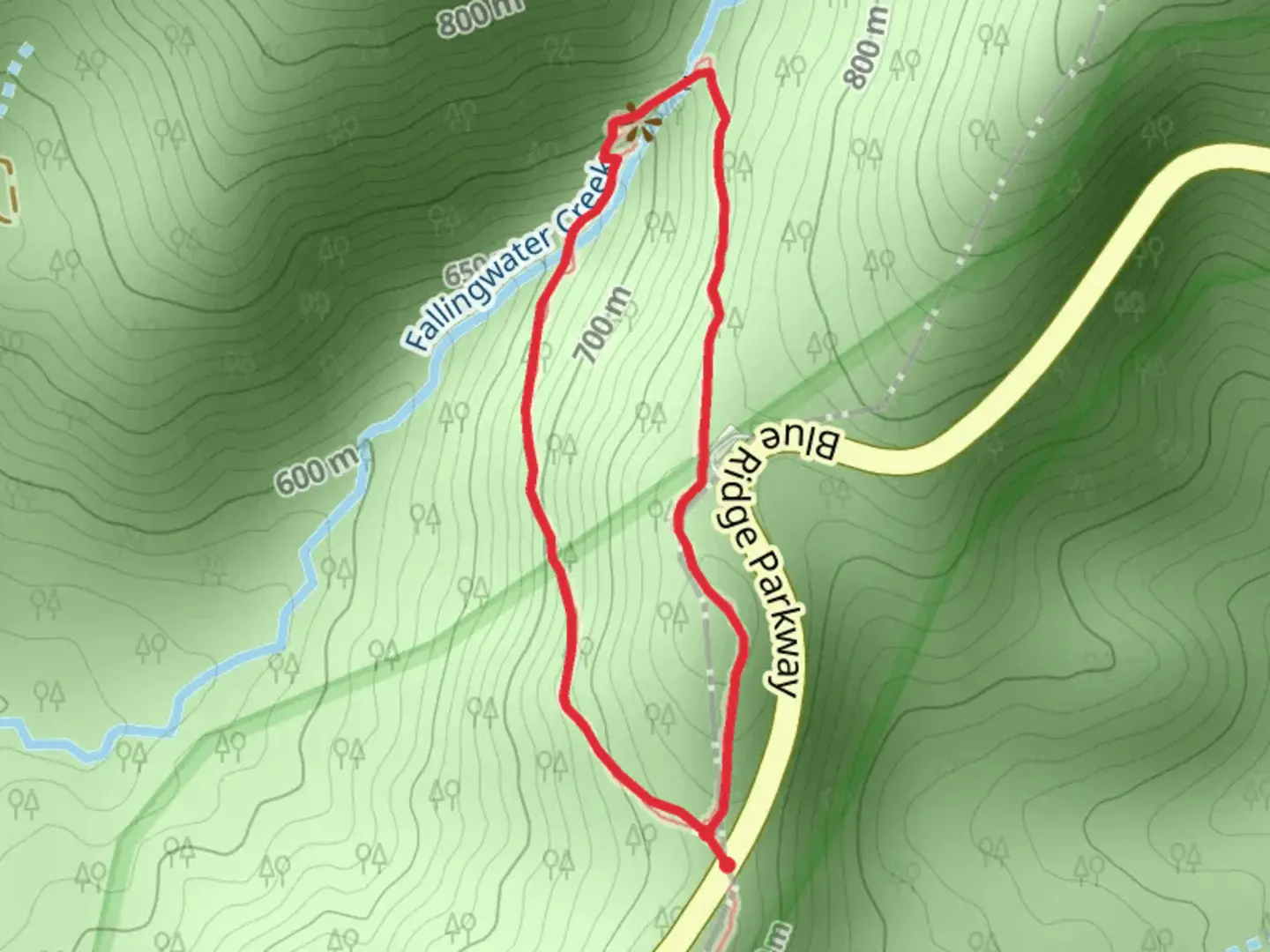 An image depicting the trail Fallingwater Cascades Loop Trail and its surrounding area.