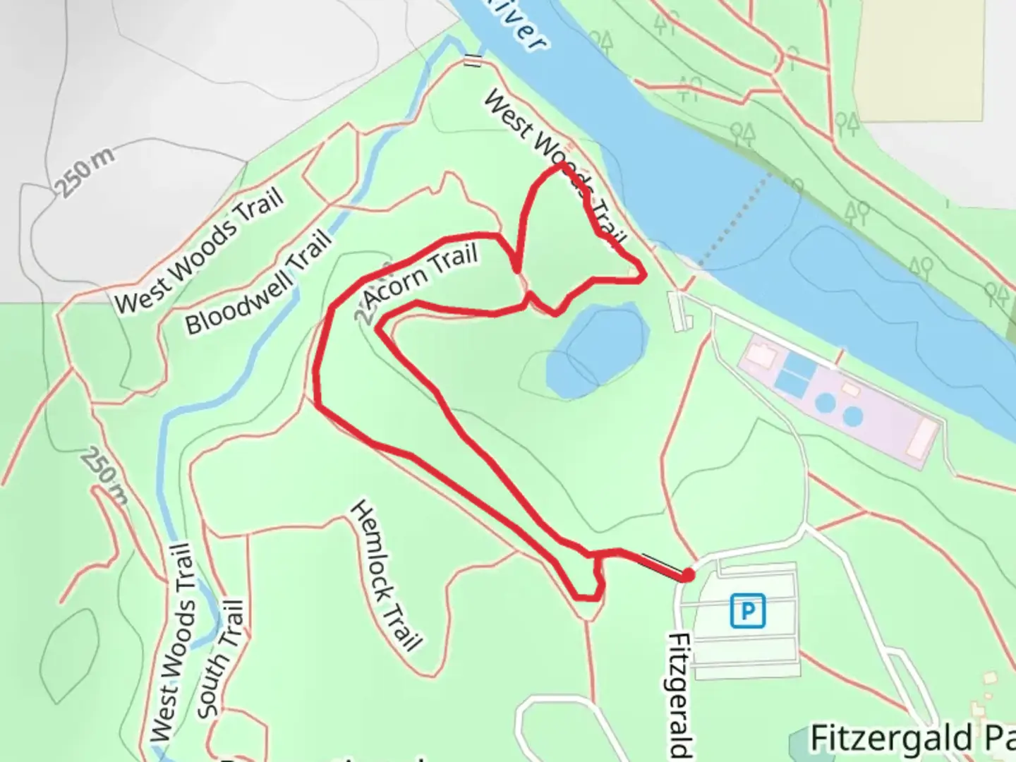 An image depicting the trail Fitzgerald Park Drive Loop and its surrounding area.