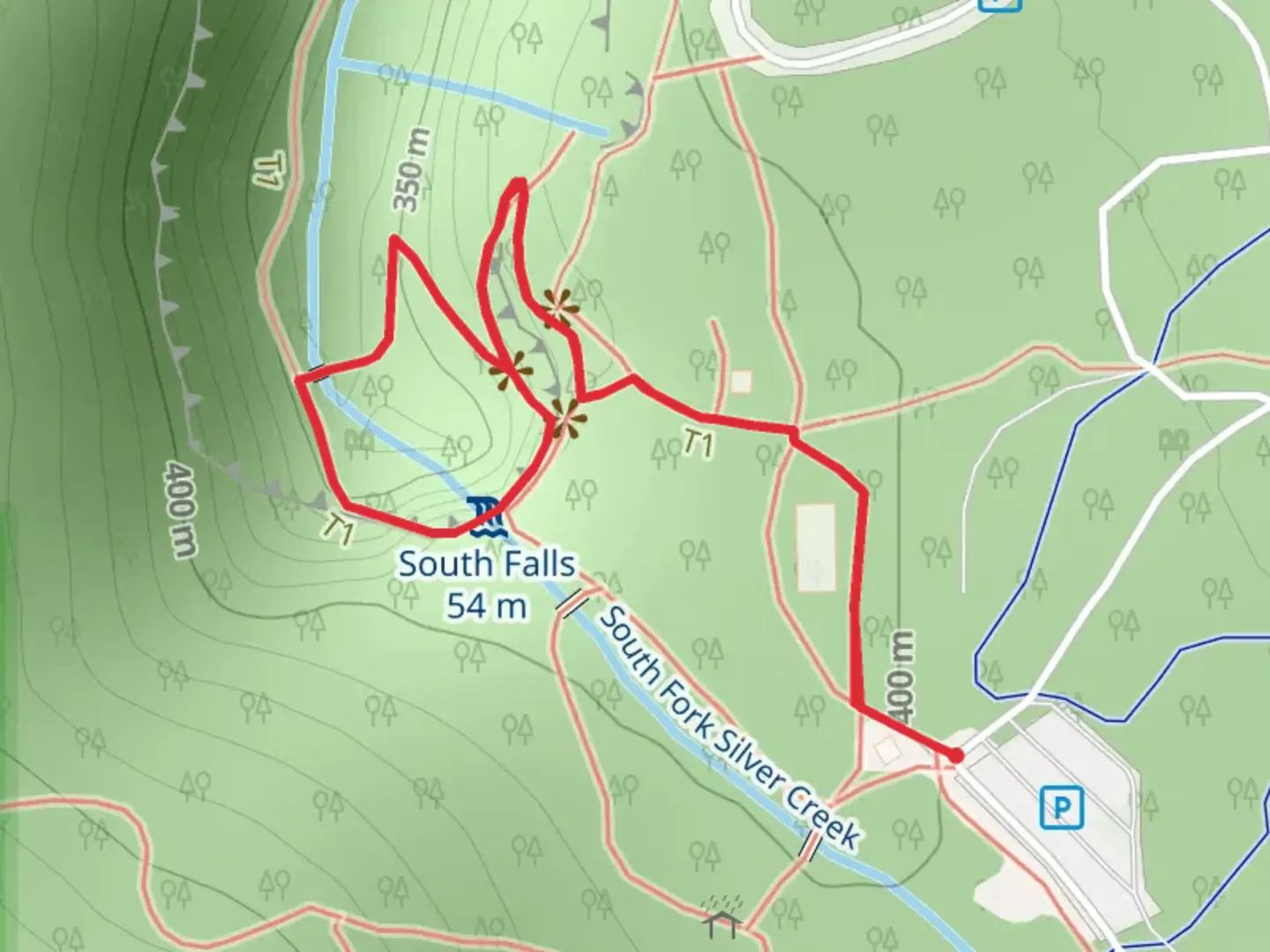 An image depicting the trail South Falls via Canyon Trail and its surrounding area.