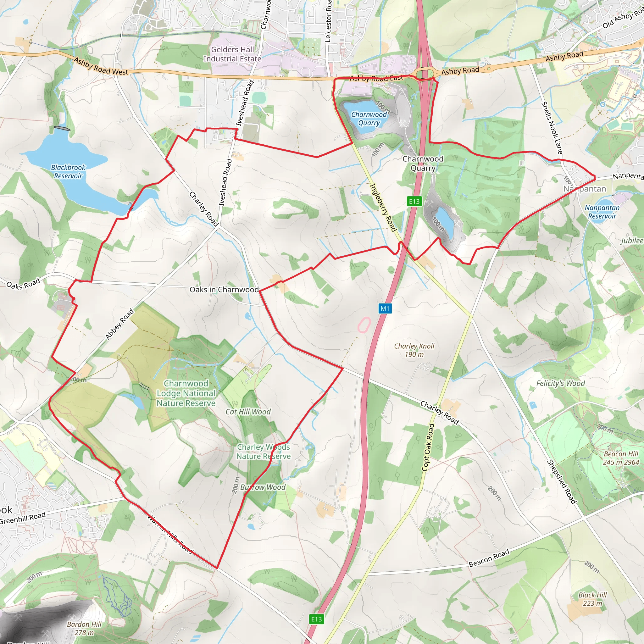 Blackbrook Reservoir and Nanpantan from Mount St Bernard mobile static map