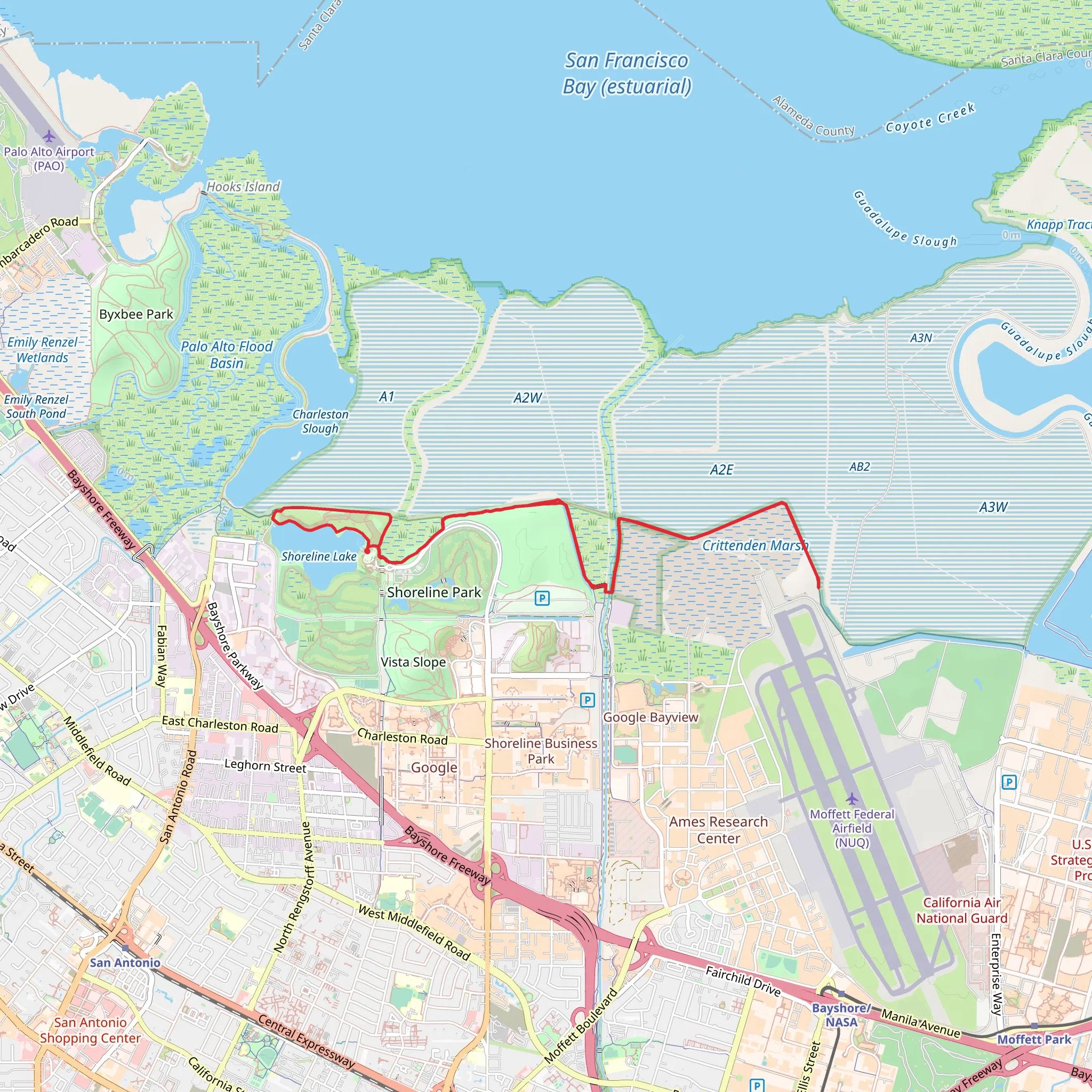 Shoreline Lake via San Francisco Bay Trail mobile static map