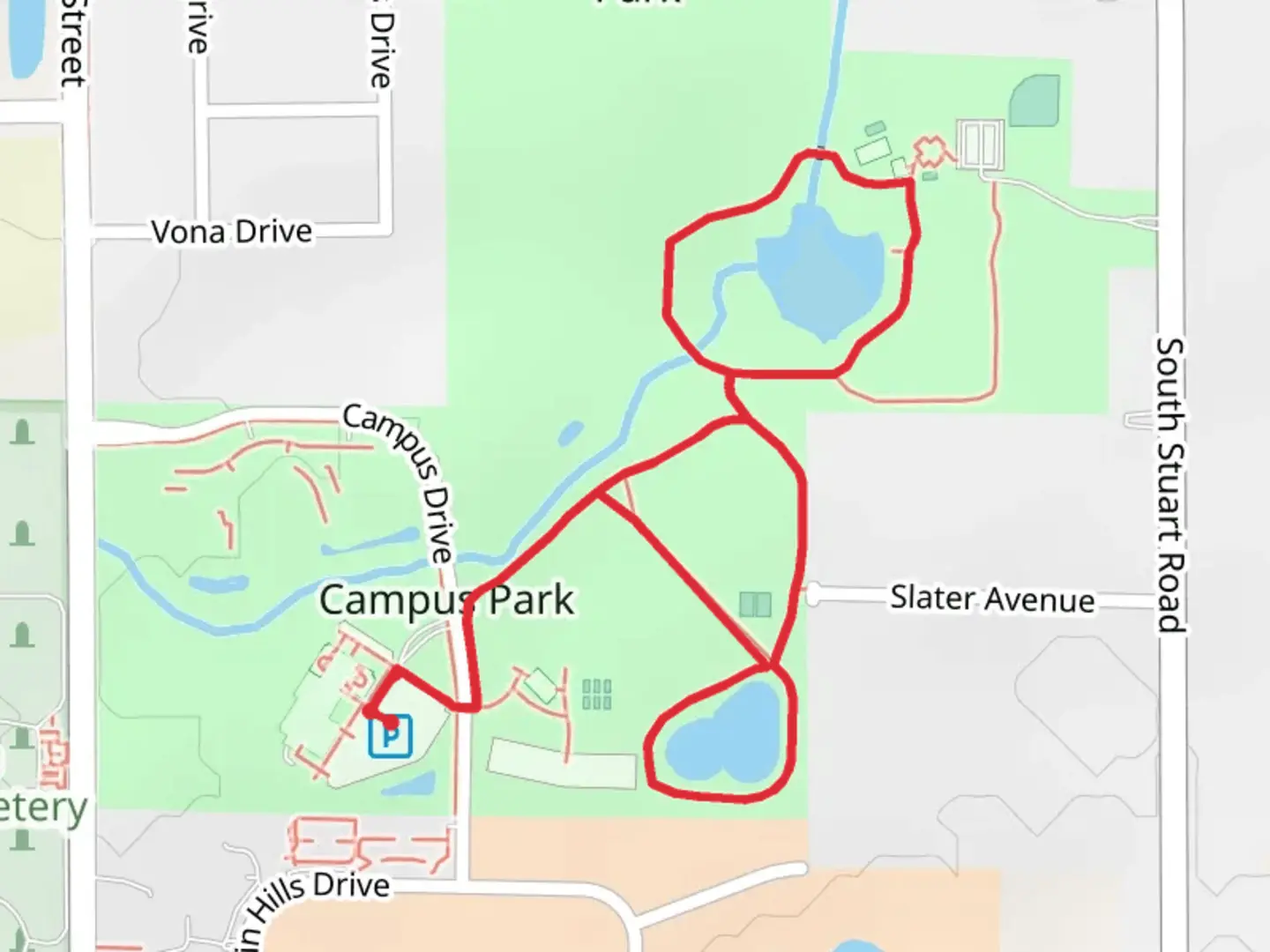 An image depicting the trail Campus Park and Smolenski Park Loop and its surrounding area.