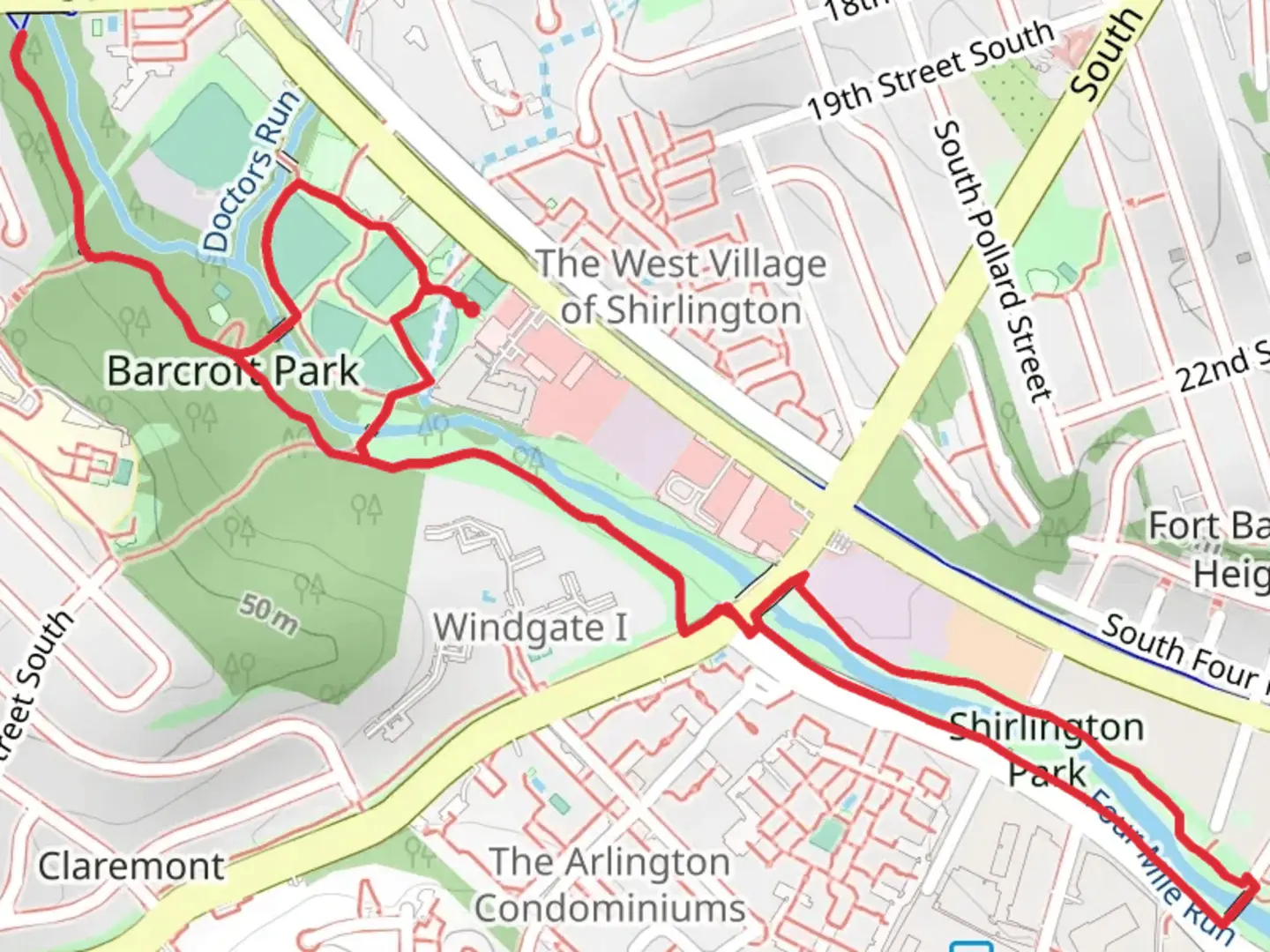 An image depicting the trail Four Mile Run Loop Trail - Barcroft Park and its surrounding area.