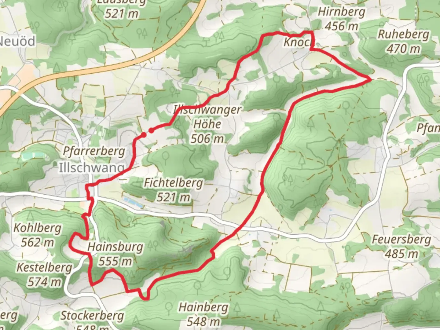 An image depicting the trail Illschwang Wanderweg 5 and its surrounding area.