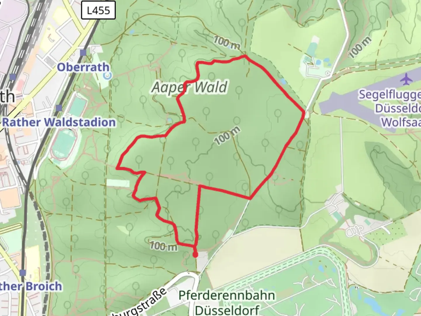 An image depicting the trail Aaper Wald Loop via Heinrichs Ruh and its surrounding area.
