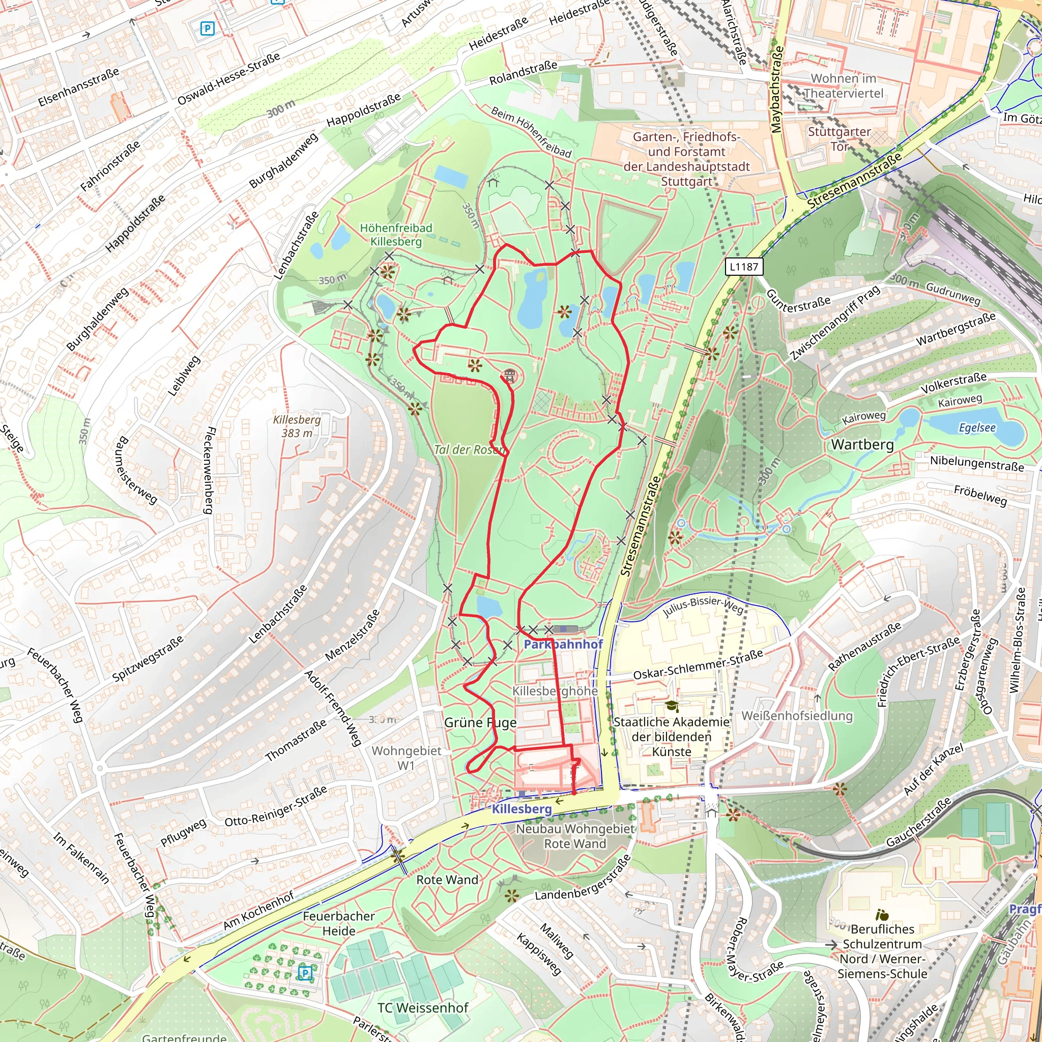 Gruene Fuge and Killesbergturm Loop mobile static map