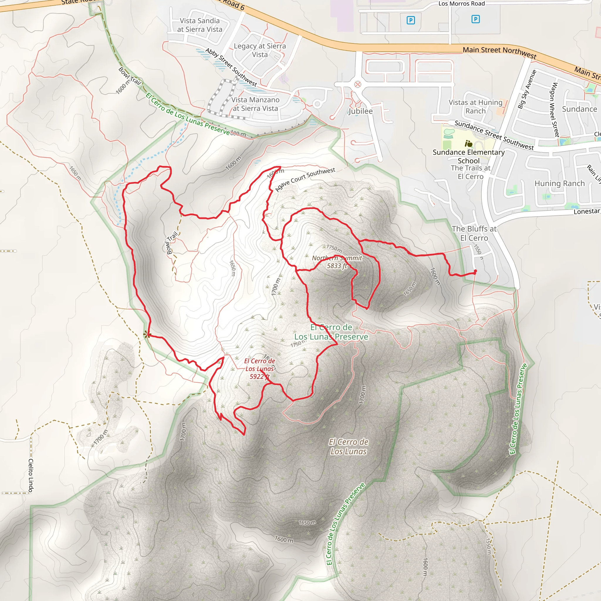 Overlook, El Cerro de Los Lunas and Northern Summit Loop Trail mobile static map