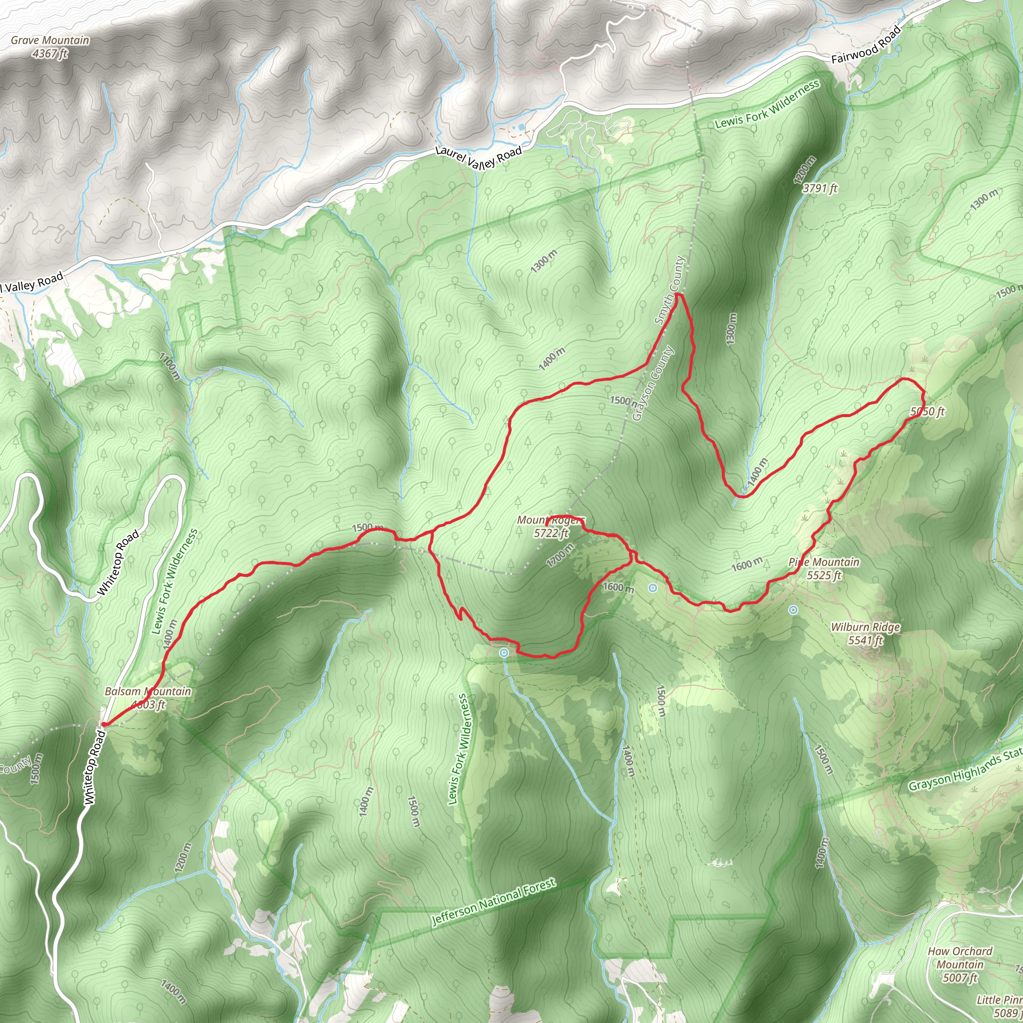 Balsam Mountain, Mount Rogers, Lewis Fork and Appalachian Loop Trail mobile static map