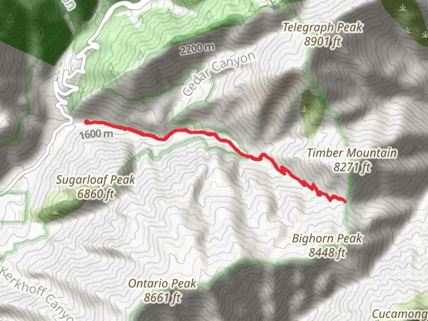 An image depicting the trail Icehouse Saddle via Icehouse Canyon Trail and its surrounding area.