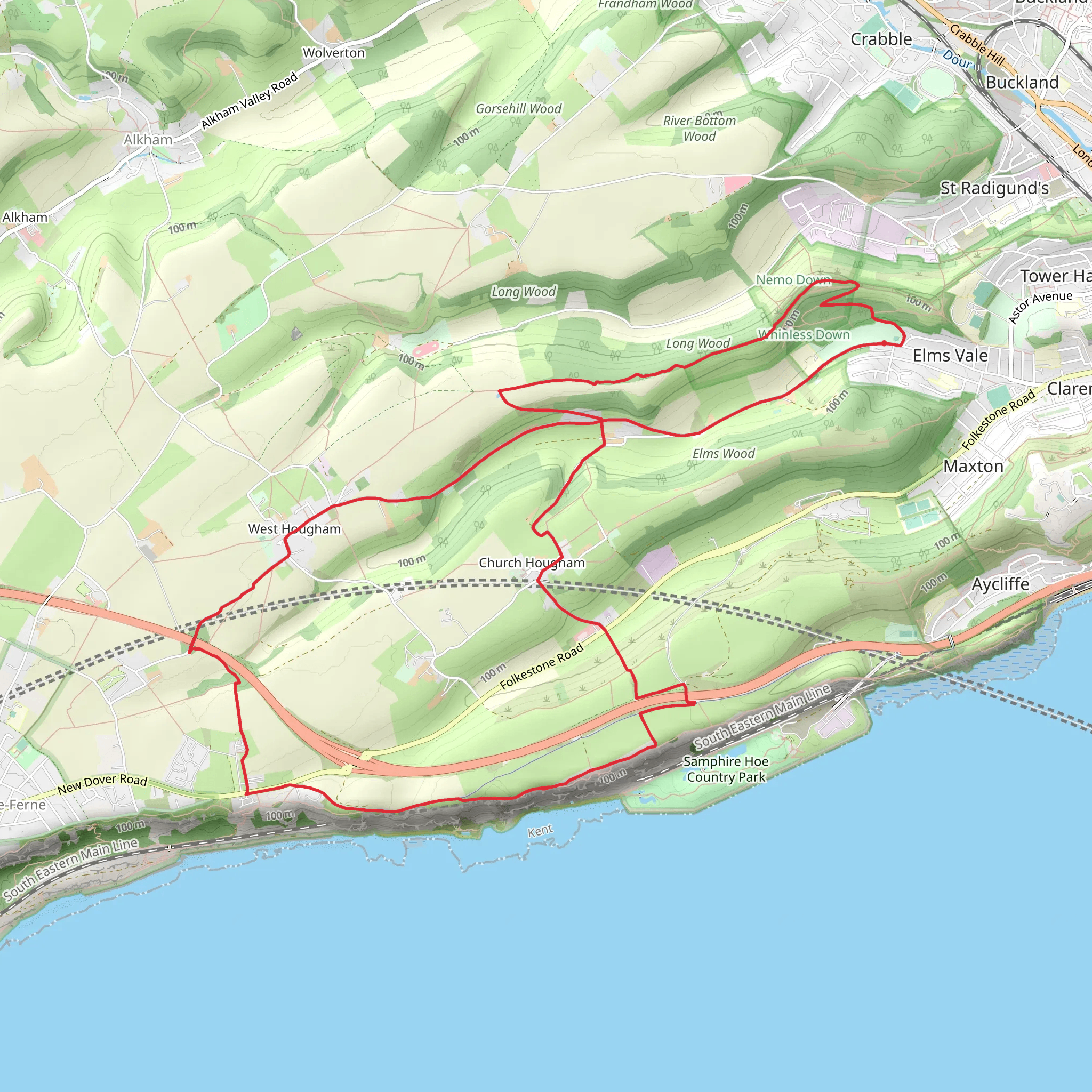 Tunnel Abbot's Cliff and Dawkinge Wood via England Coast Path mobile static map