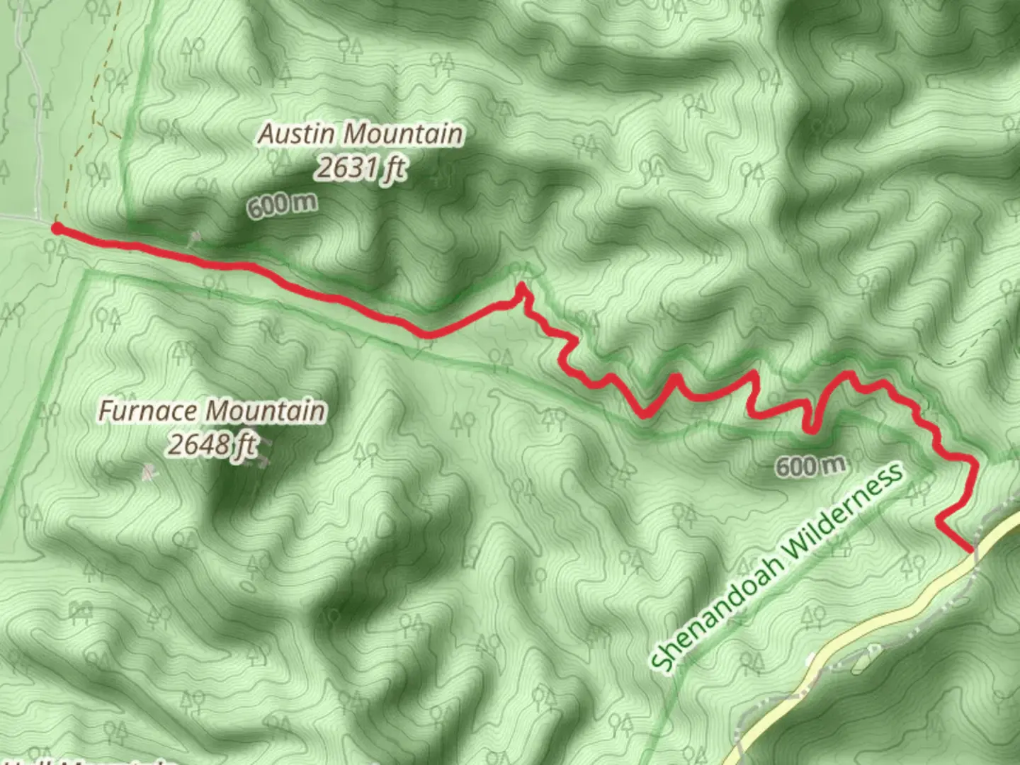 An image depicting the trail Browns Gap Fire Road to Brown Gap and its surrounding area.