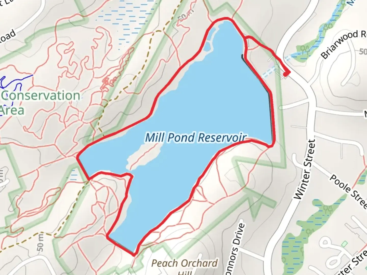 An image depicting the trail Mill Pond Reservoir Loop and its surrounding area.
