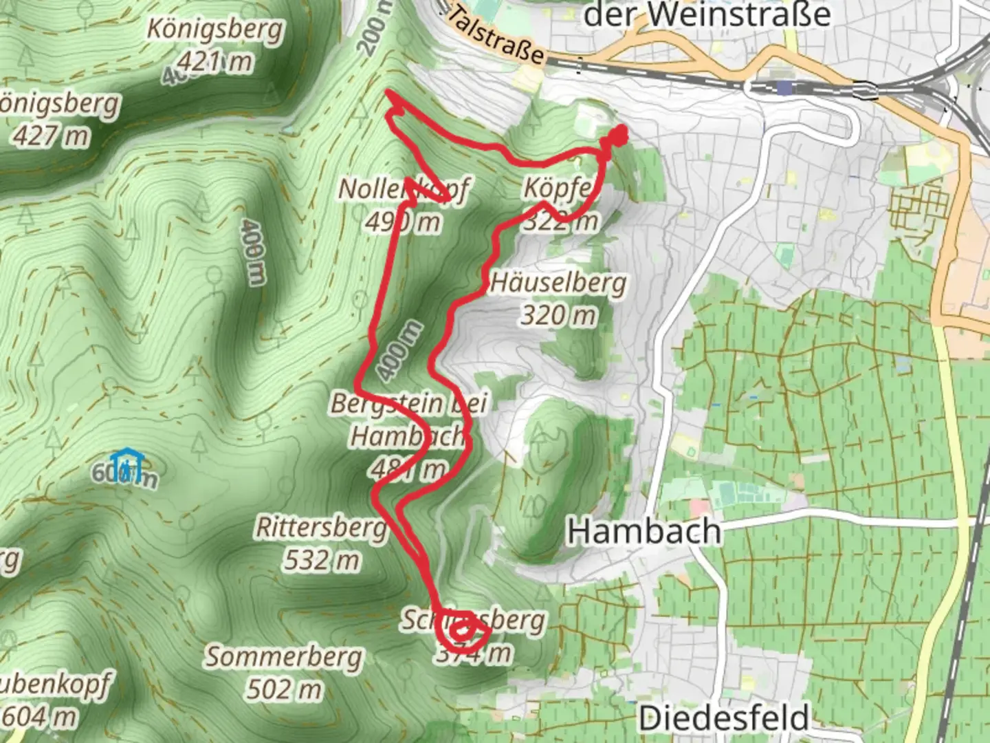 An image depicting the trail Nollenkopf and Achlossberg via Quellenweg and its surrounding area.