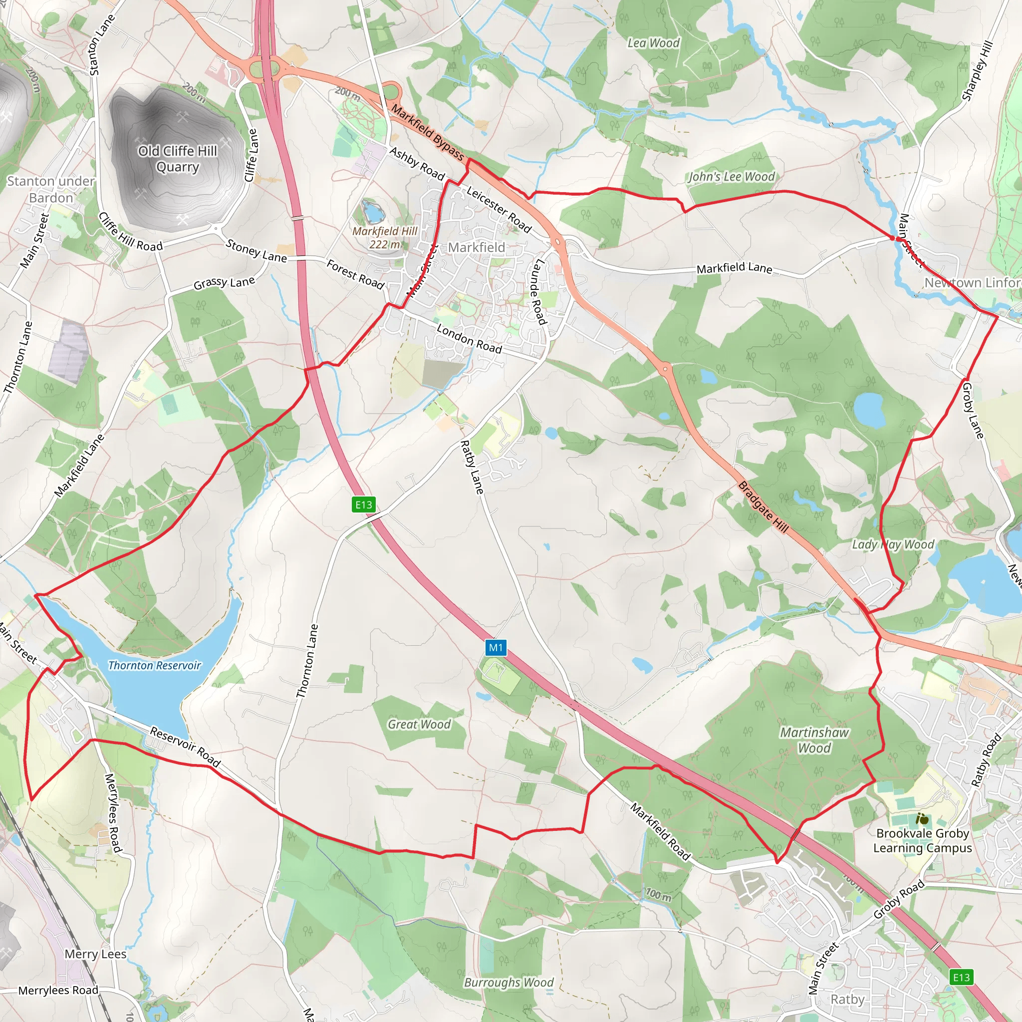 Newton Linford and Thornton Loop via Martinshaw Wood mobile static map