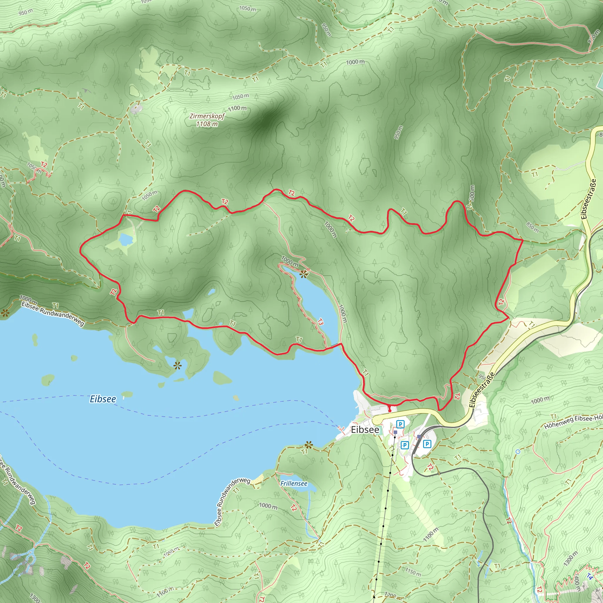 Untersee, Roßkopf and Steinriglwald Loop via Eibsee Rundwanderweg mobile static map