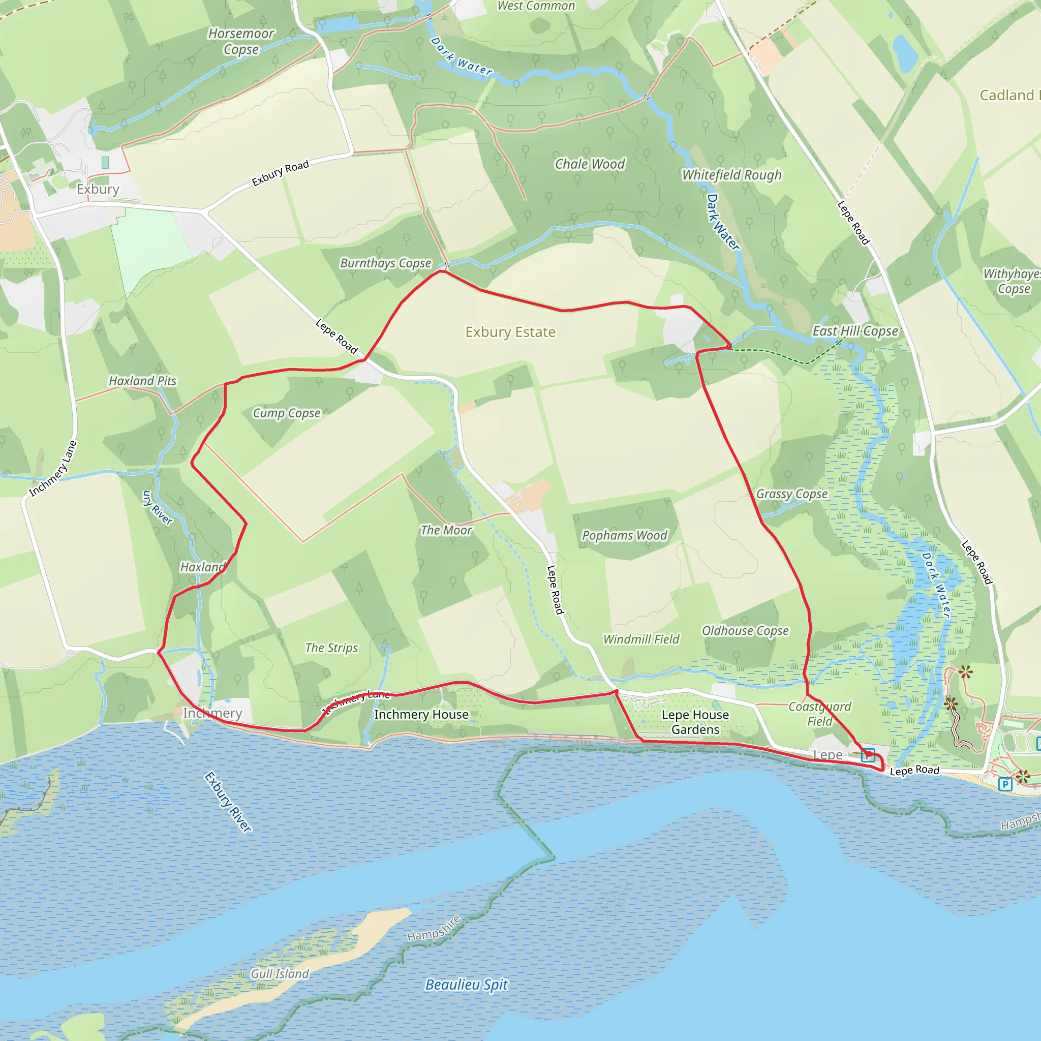 East Hill Copse, Inchmery House and Lepe House Gardens Loop mobile static map
