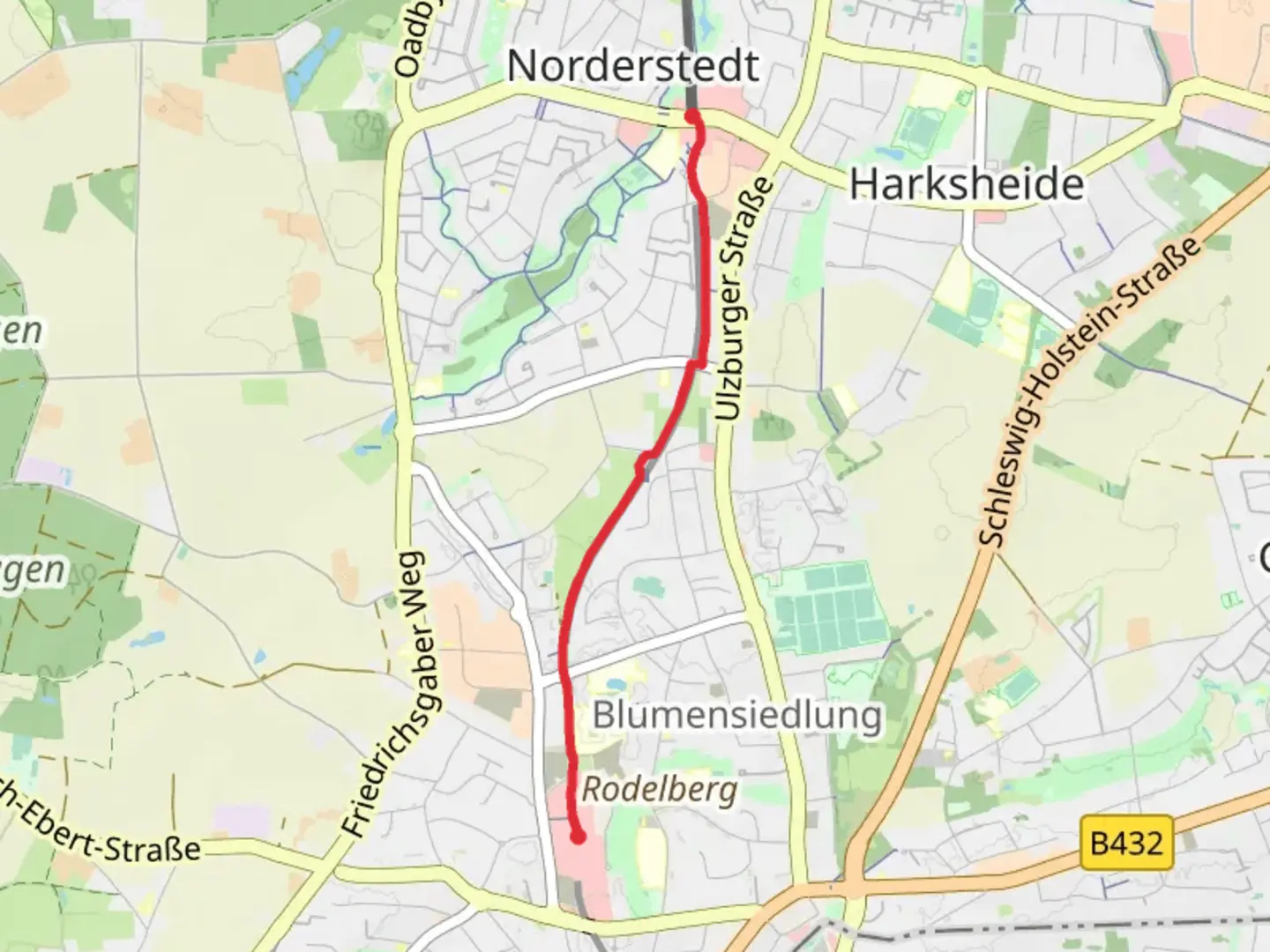 An image depicting the trail Norderstedt Mitte to Garstedt and its surrounding area.