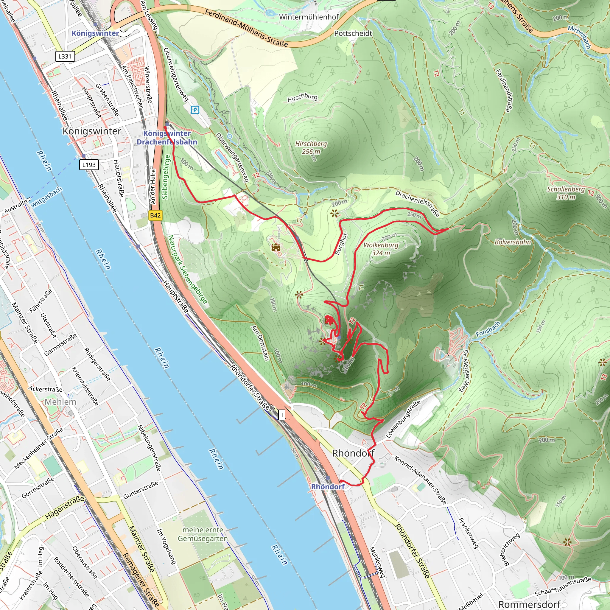 Königswinter Drachenfelsbahn to Rhöndorf via Burgruine Drachenfels and Bergischer Weg mobile static map