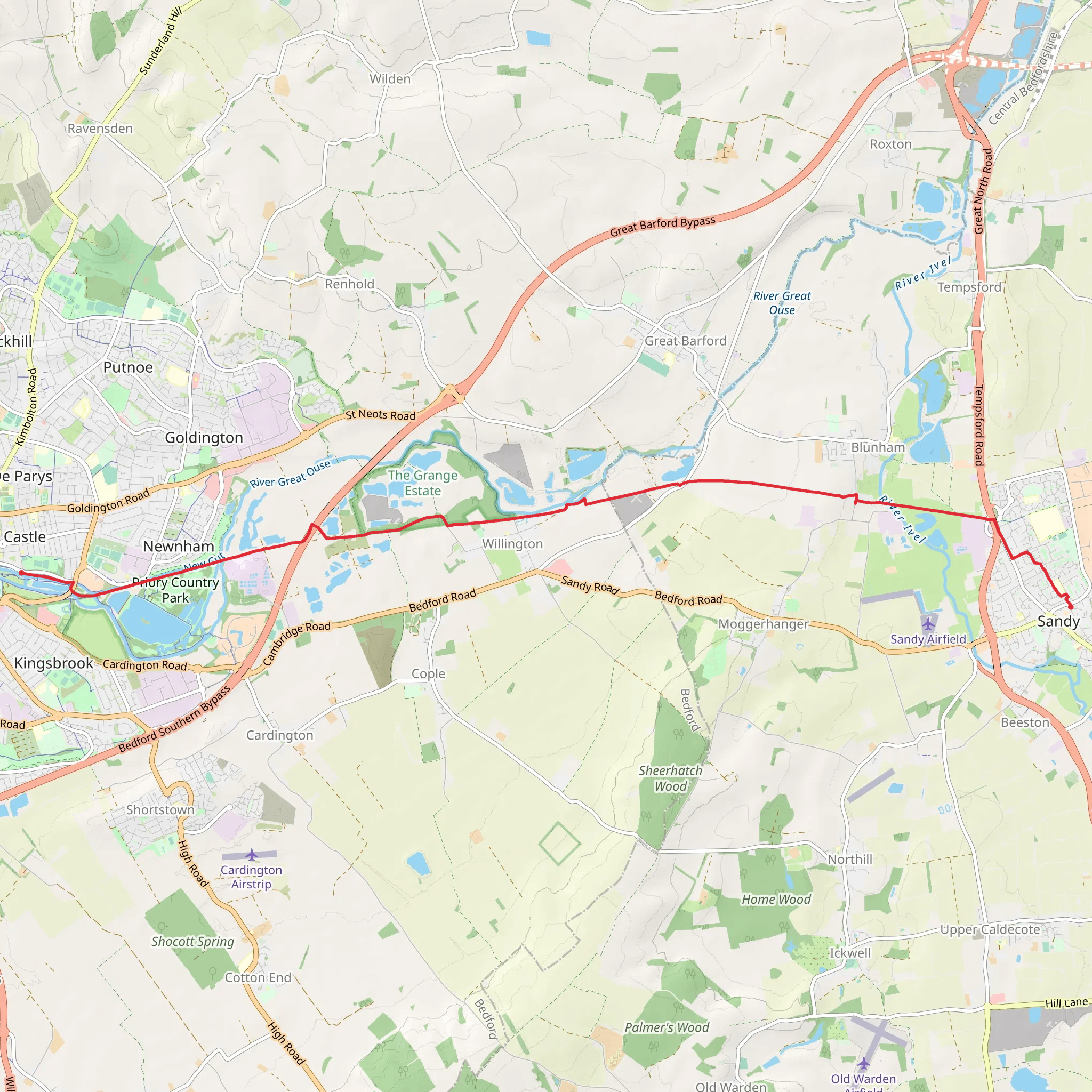 Priory Country Park via Bedford to Sandy Country Way mobile static map