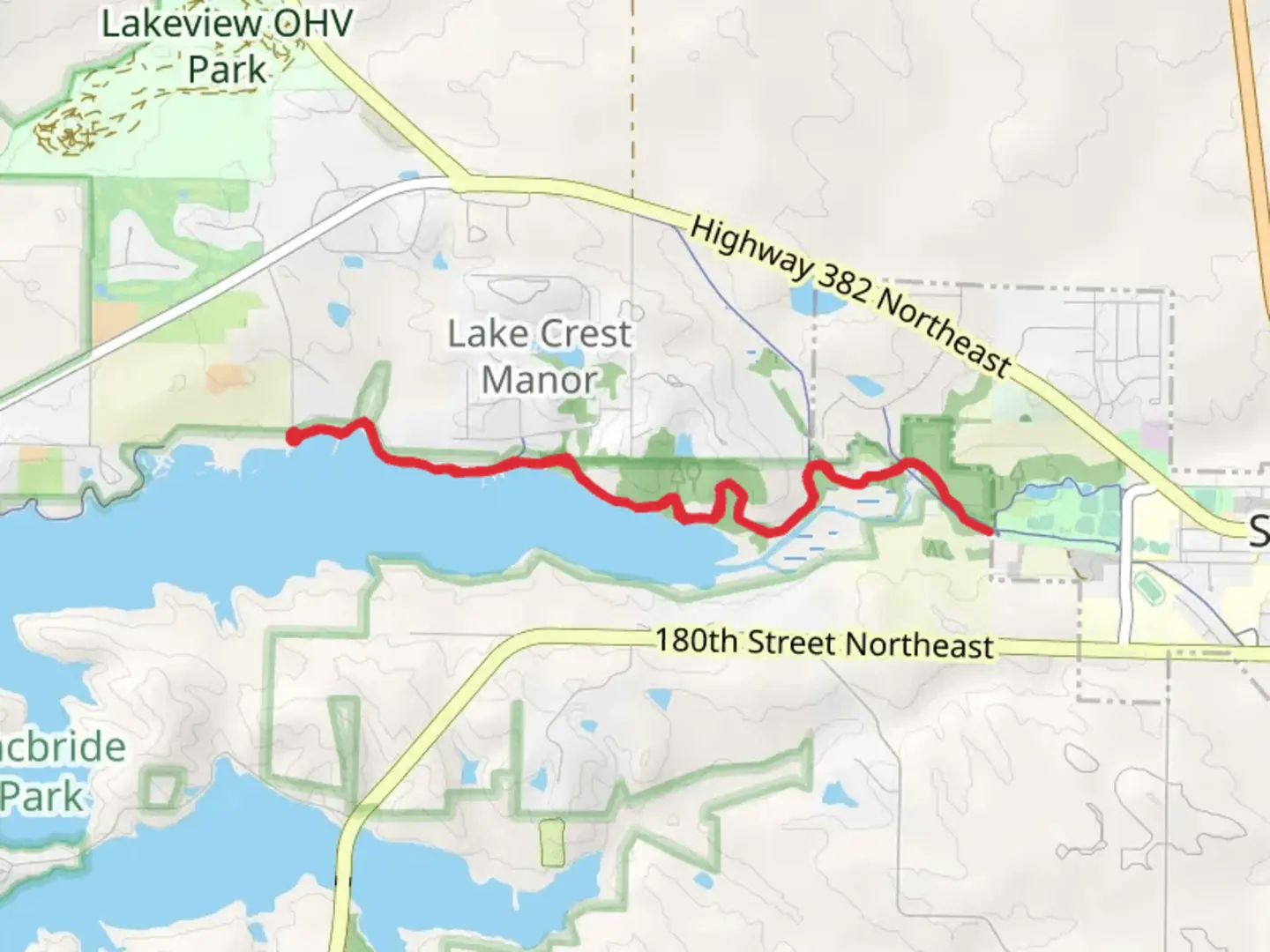 An image depicting the trail Lake McBride via North Shore and Hoover Nature Trail and its surrounding area.
