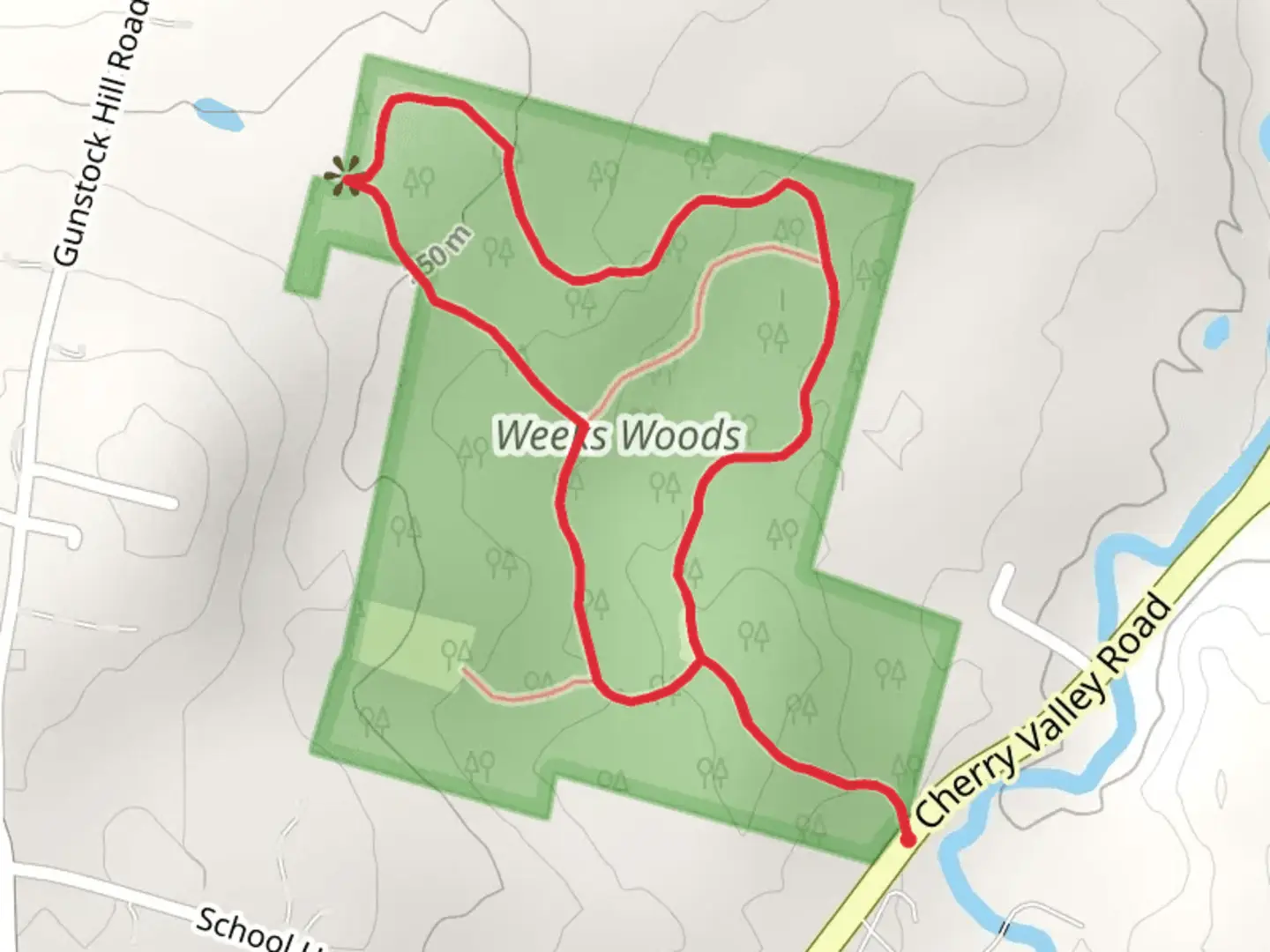 An image depicting the trail Yellow Lower Loop and Blue Upper Loop Trail - Weeks Woods and its surrounding area.