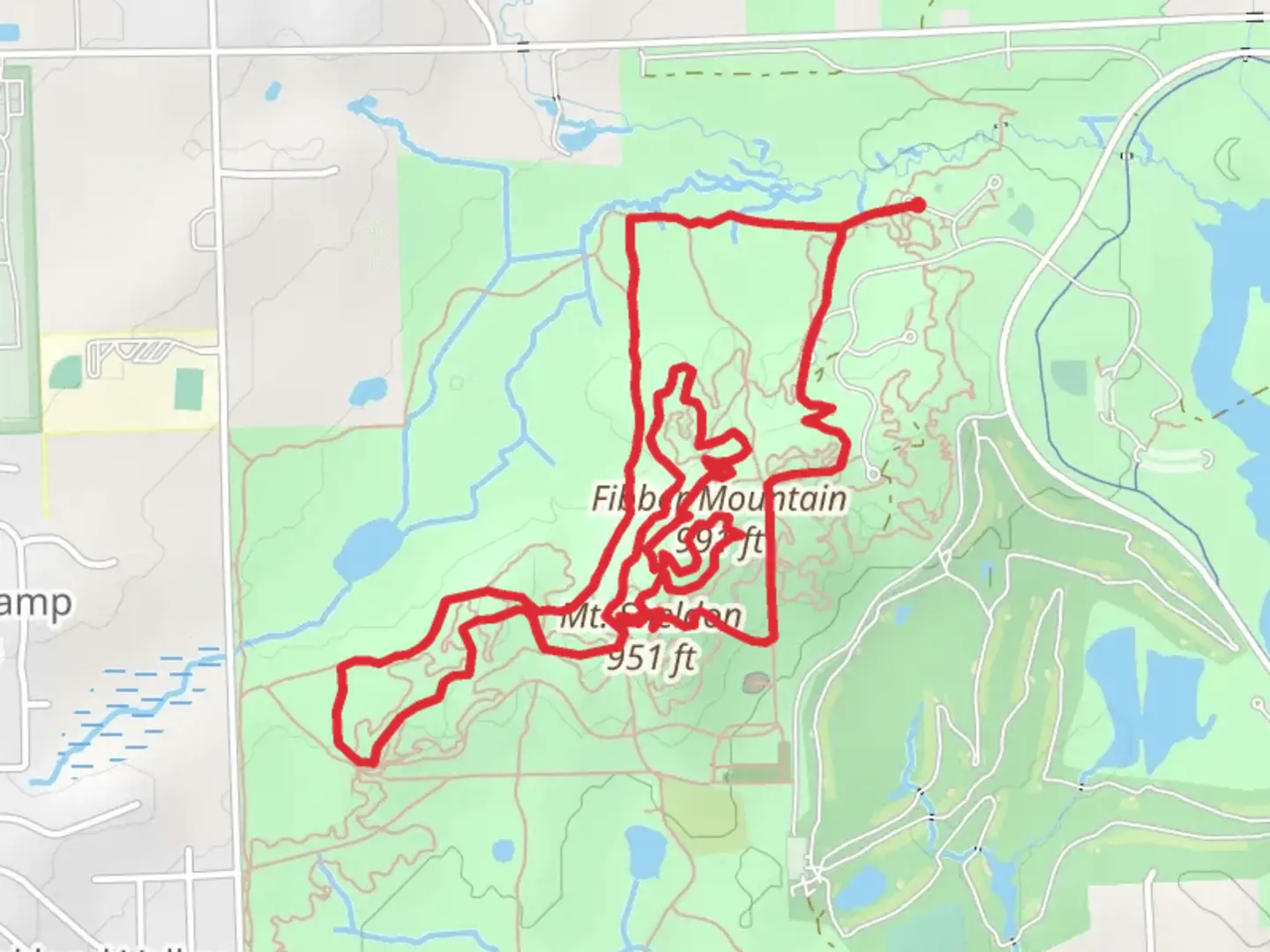 An image depicting the trail Fibber Mountain and Mt Sheldon Loop via Black 9 and Woohoo Hill Trail and its surrounding area.