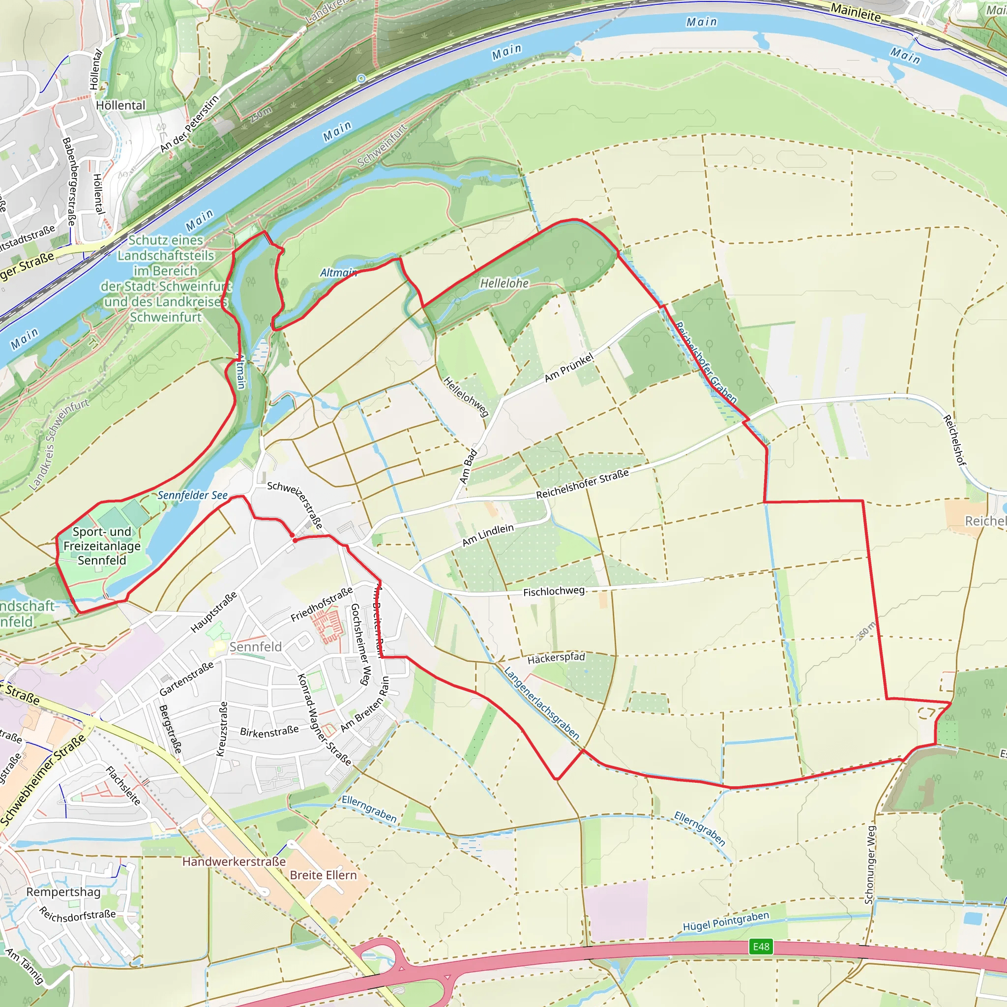Sennfelder See and Altmain via Sennfelder Seenkranz mobile static map