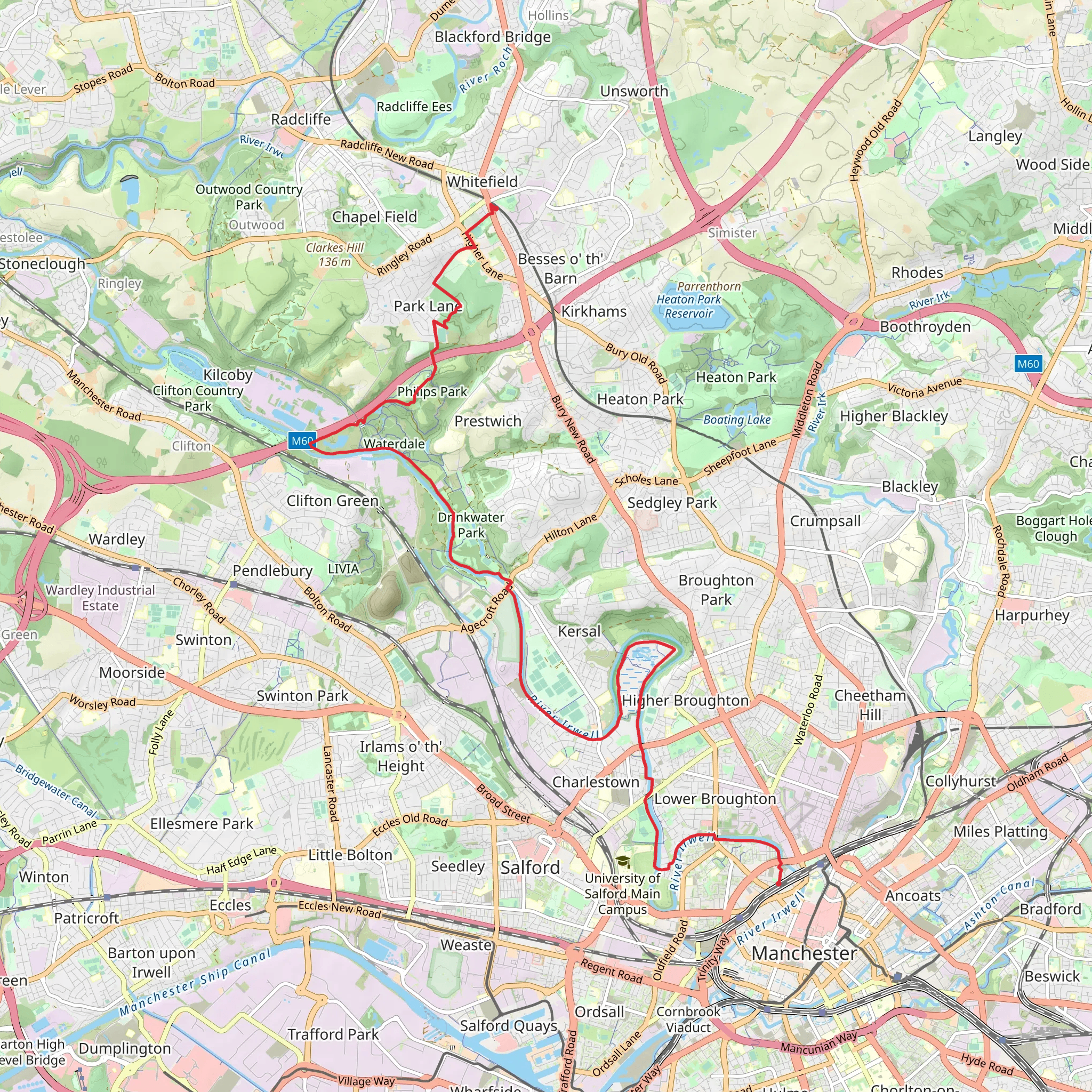 Whitefield to Manchester Walk mobile static map