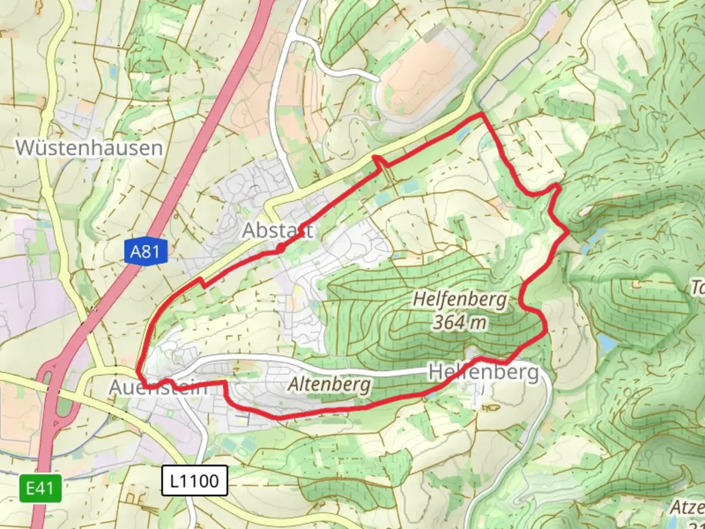 An image depicting the trail Nebenlinie des SAV and Schozachtaler Burgenrunden Loop and its surrounding area.