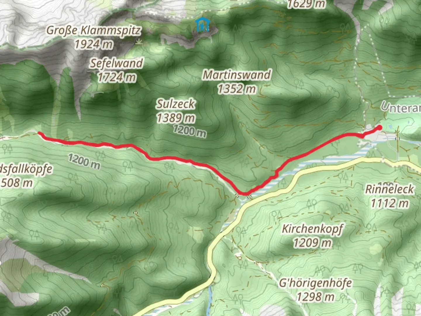 An image depicting the trail Sägertal Dienst-Hütte via Sägertalstraße and its surrounding area.